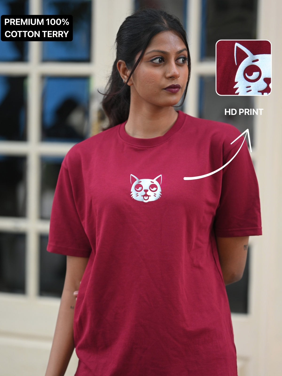 The Tipsy Cat Tee: Deep Maroon