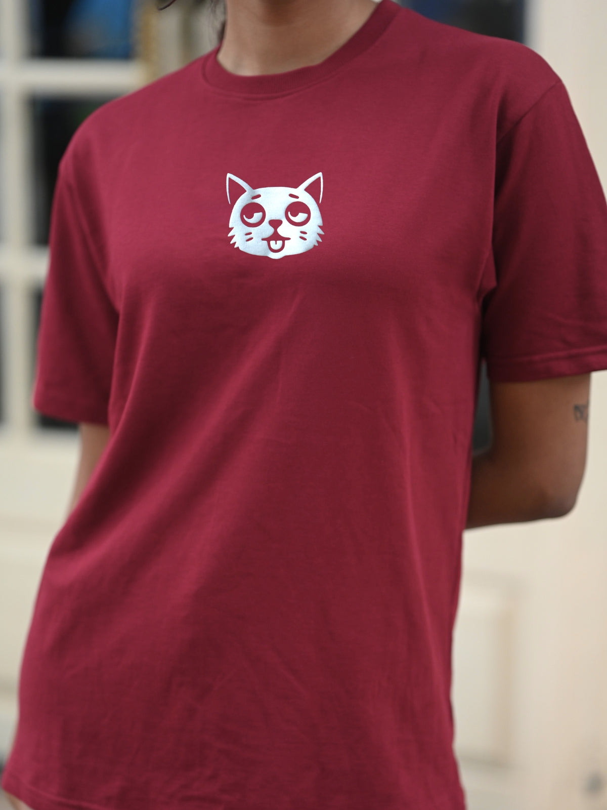 The Tipsy Cat Tee: Deep Maroon