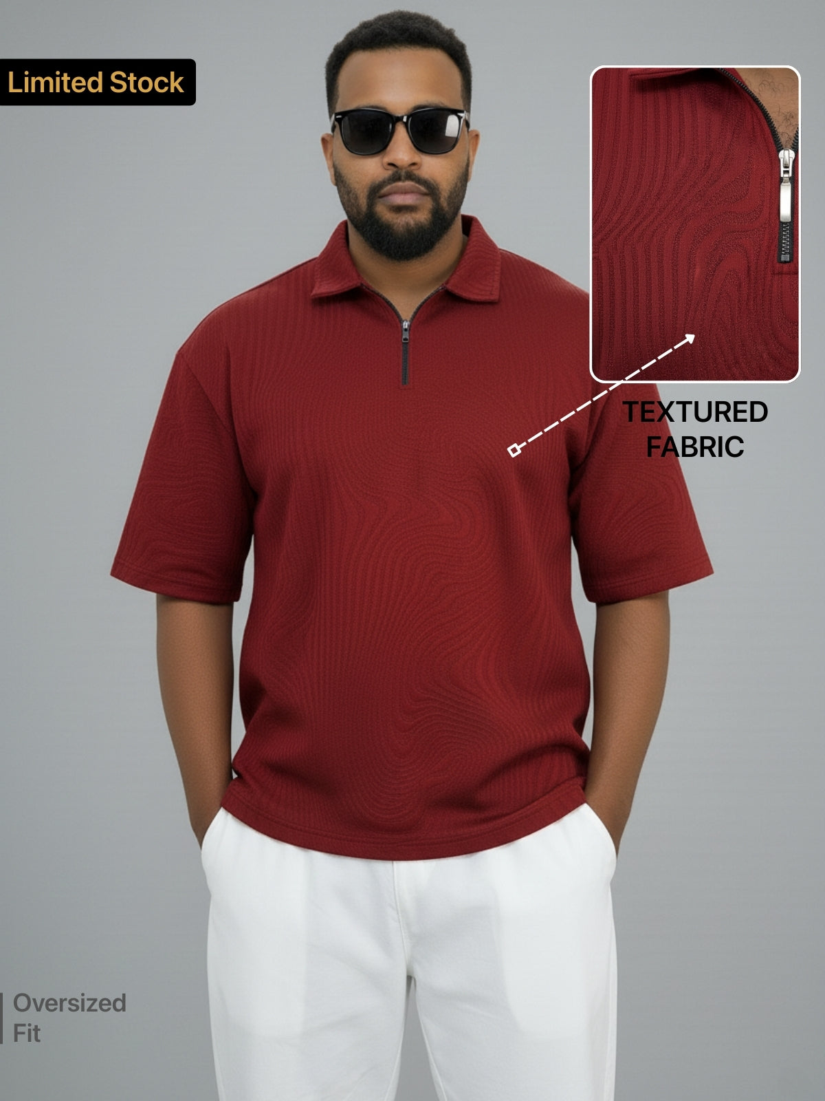 Wine Red Zipper Polo: Waves