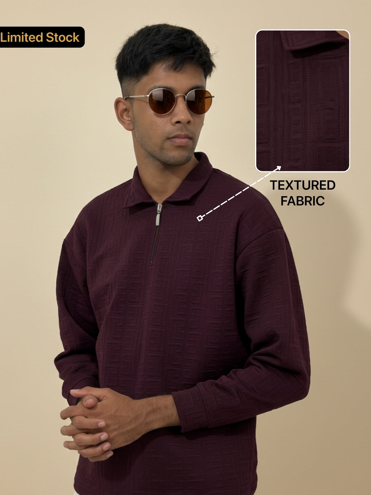 Plum Full Sleeve Zipper Polo: Maze