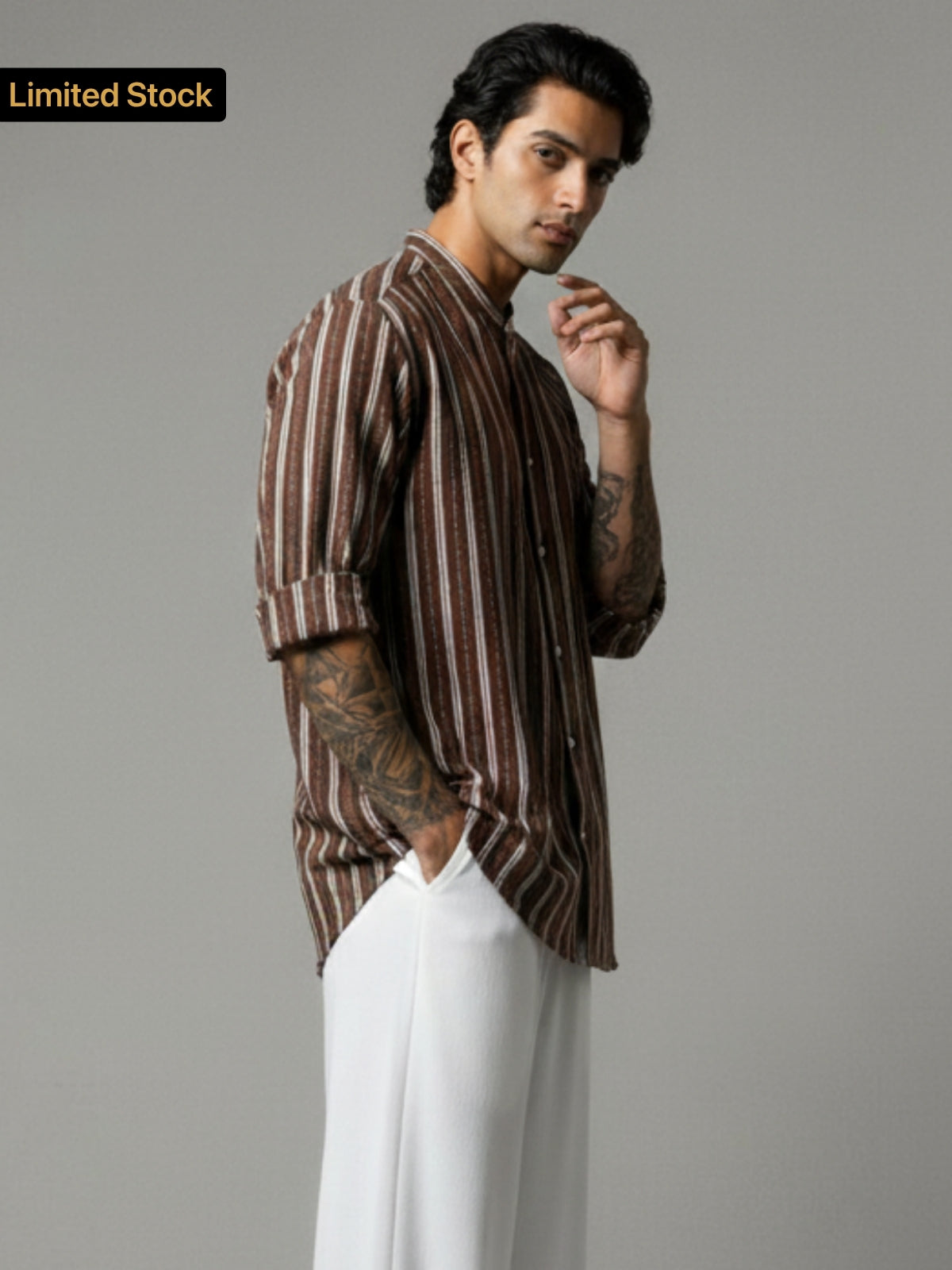 Men's Brown Striped Band Collar  Shirt