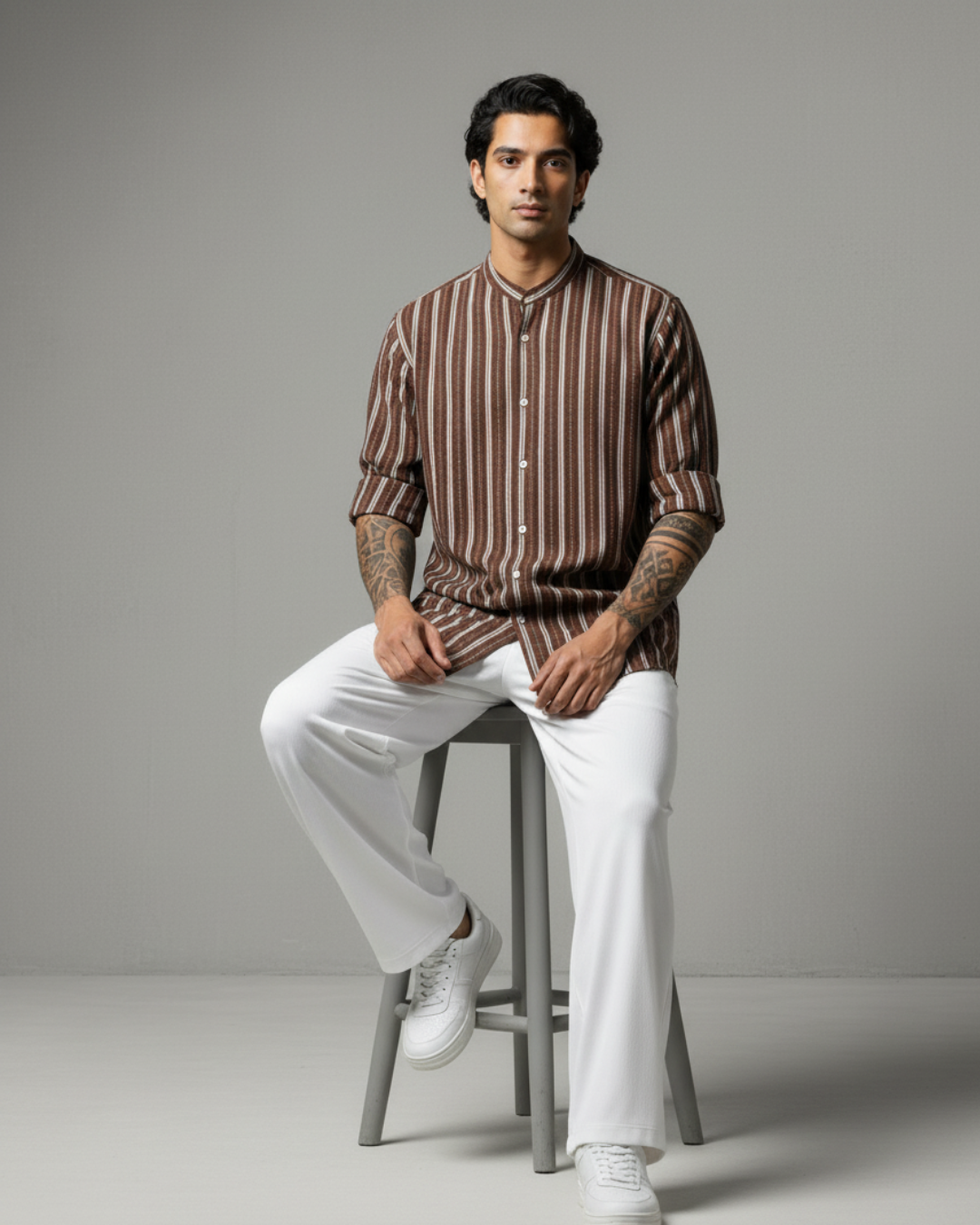 Men's Brown Striped Band Collar  Shirt
