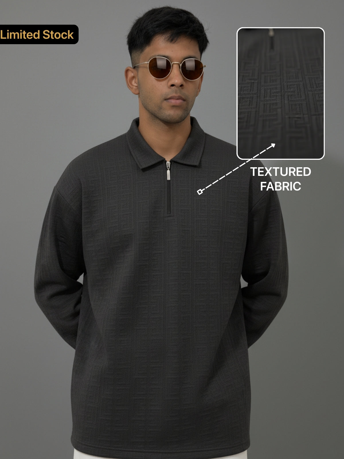 Charcoal Full sleeve Zipper Polo: Maze