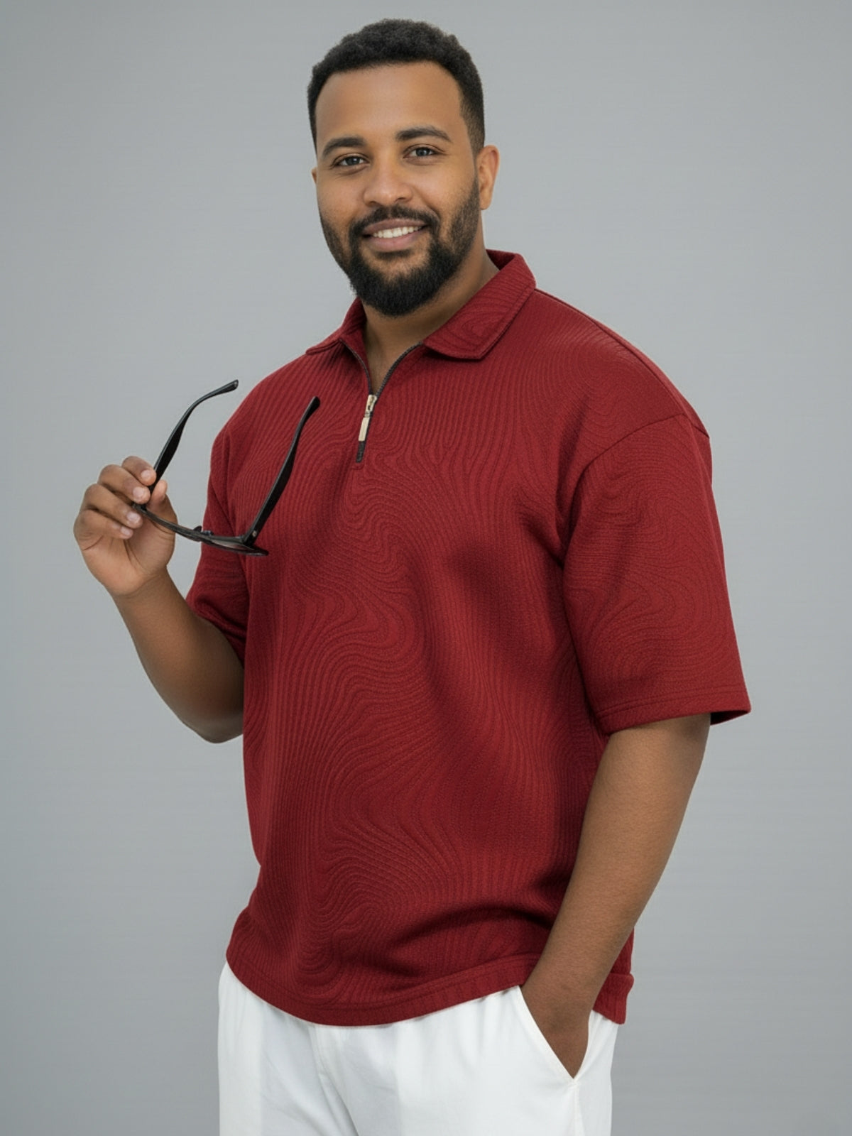 Wine Red Zipper Polo: Waves