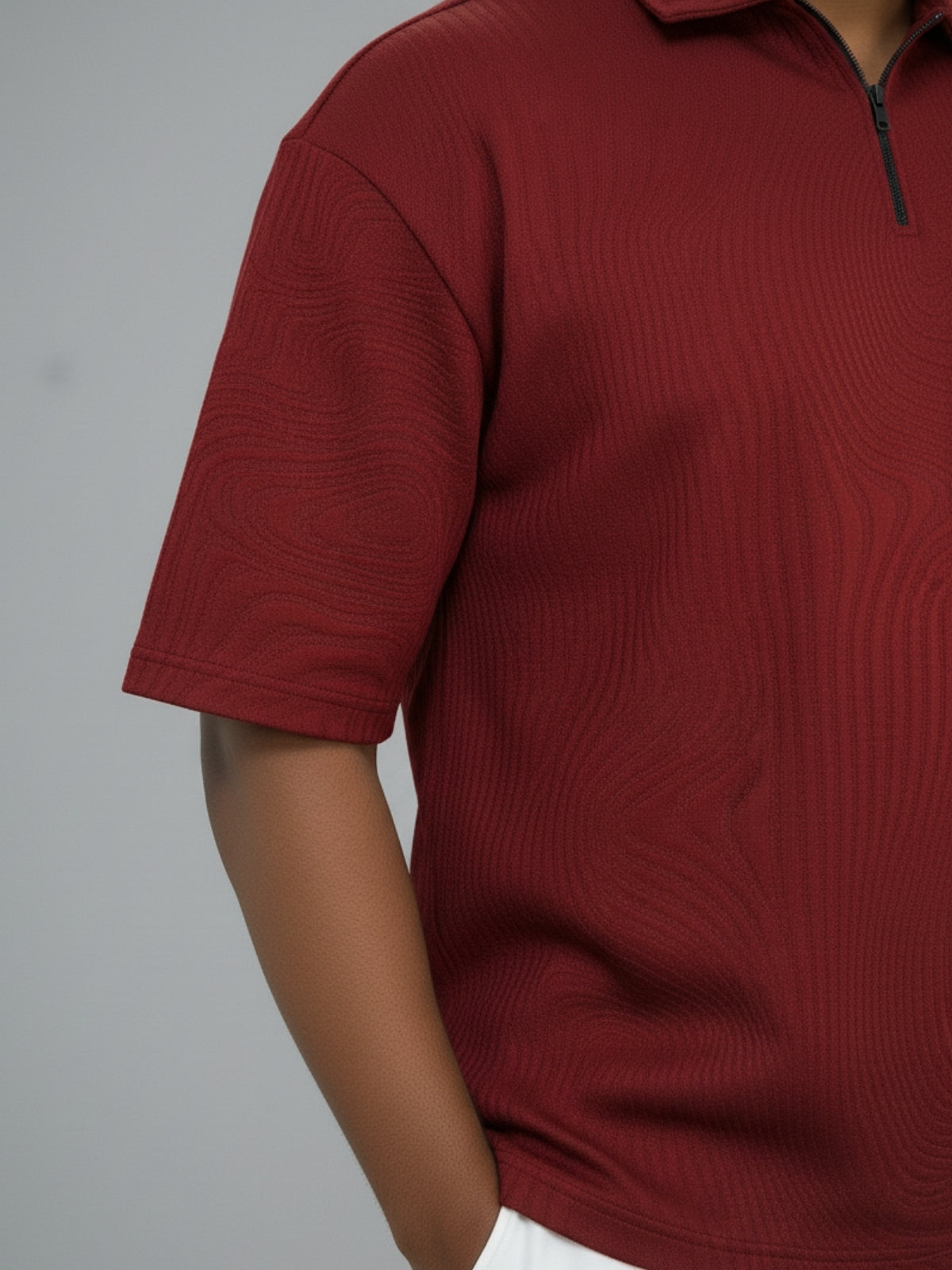Wine Red Zipper Polo: Waves