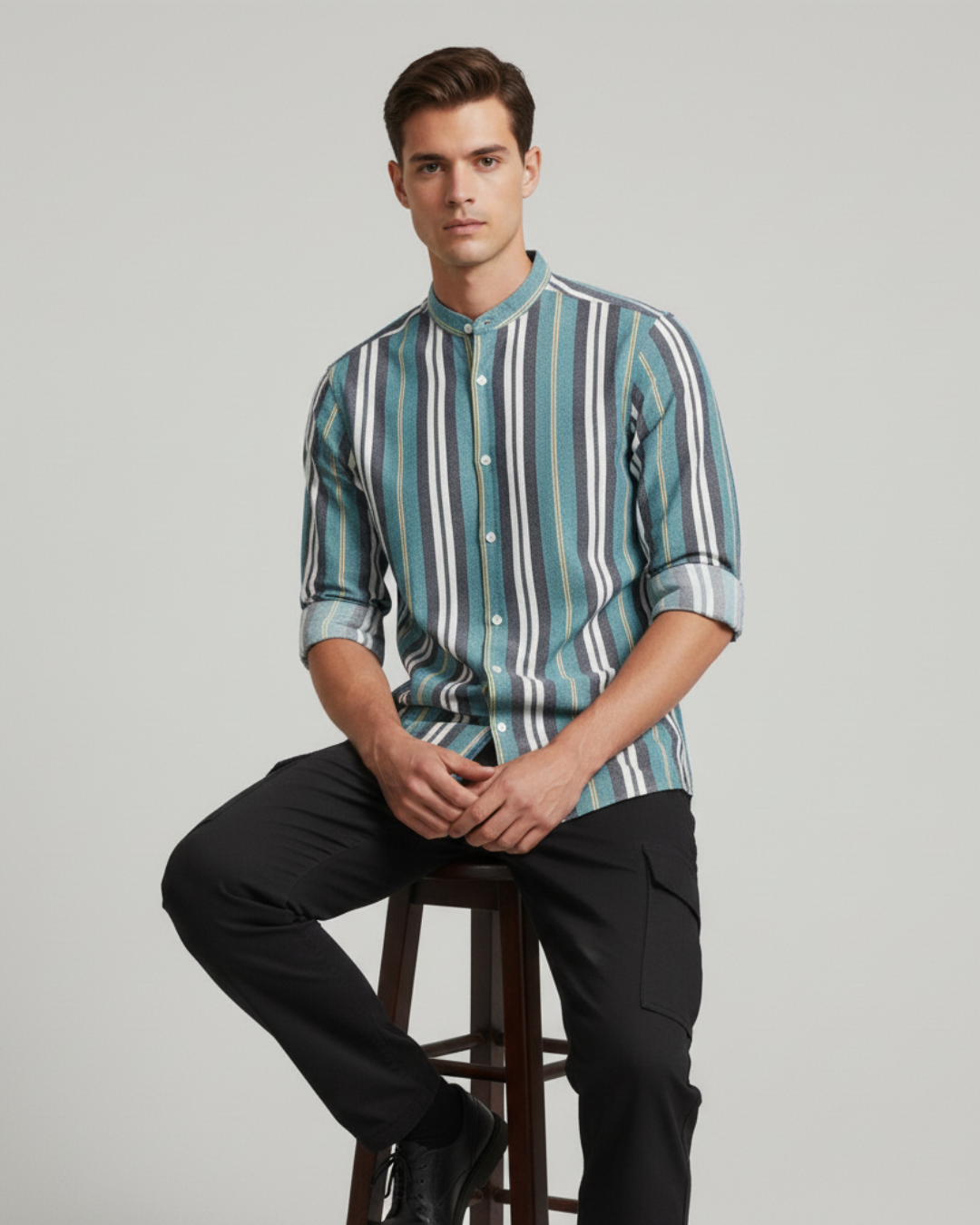 Men's Vertical Stripe Band Collar Shirt