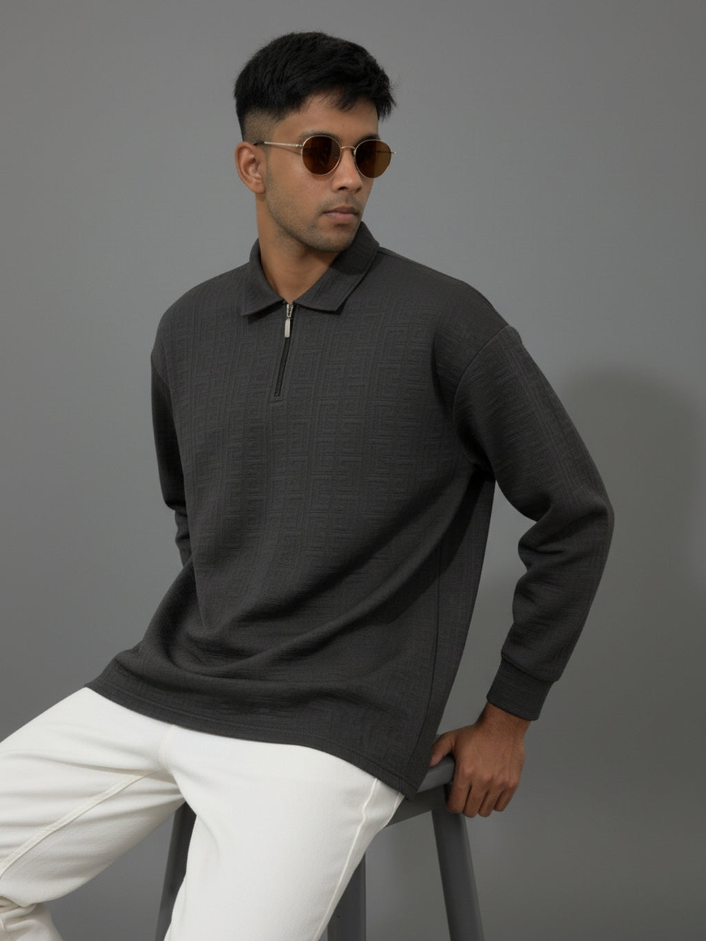 Charcoal Full sleeve Zipper Polo: Maze