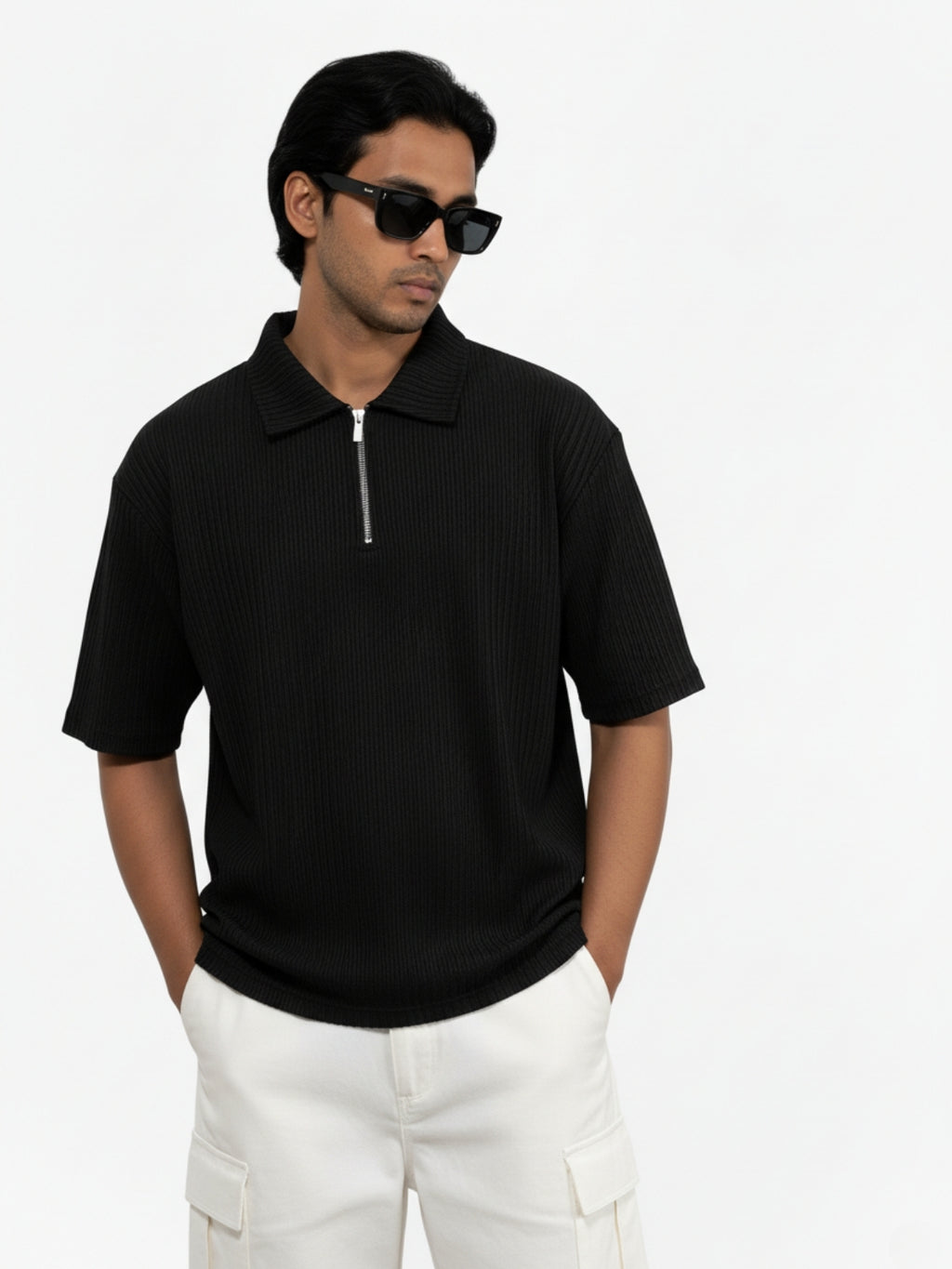 Black Zipper Polo: Ribbed