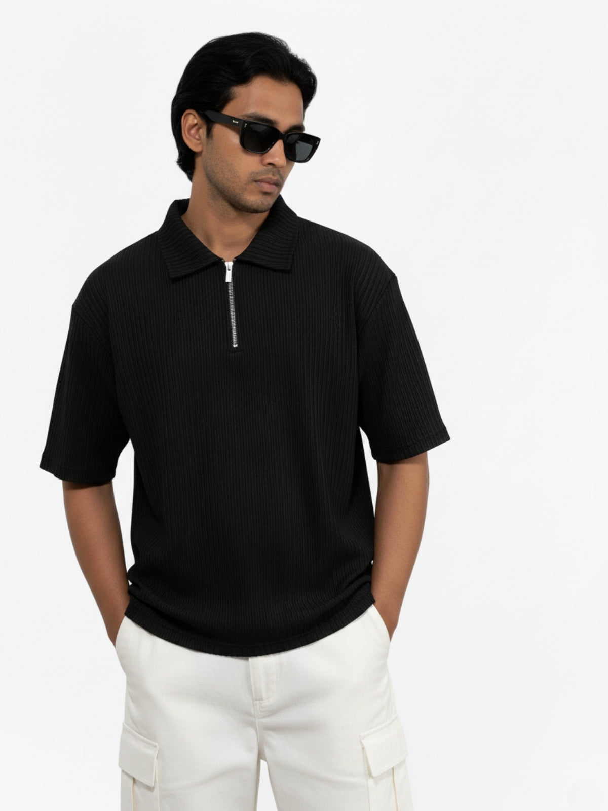 Black Zipper Polo: Ribbed