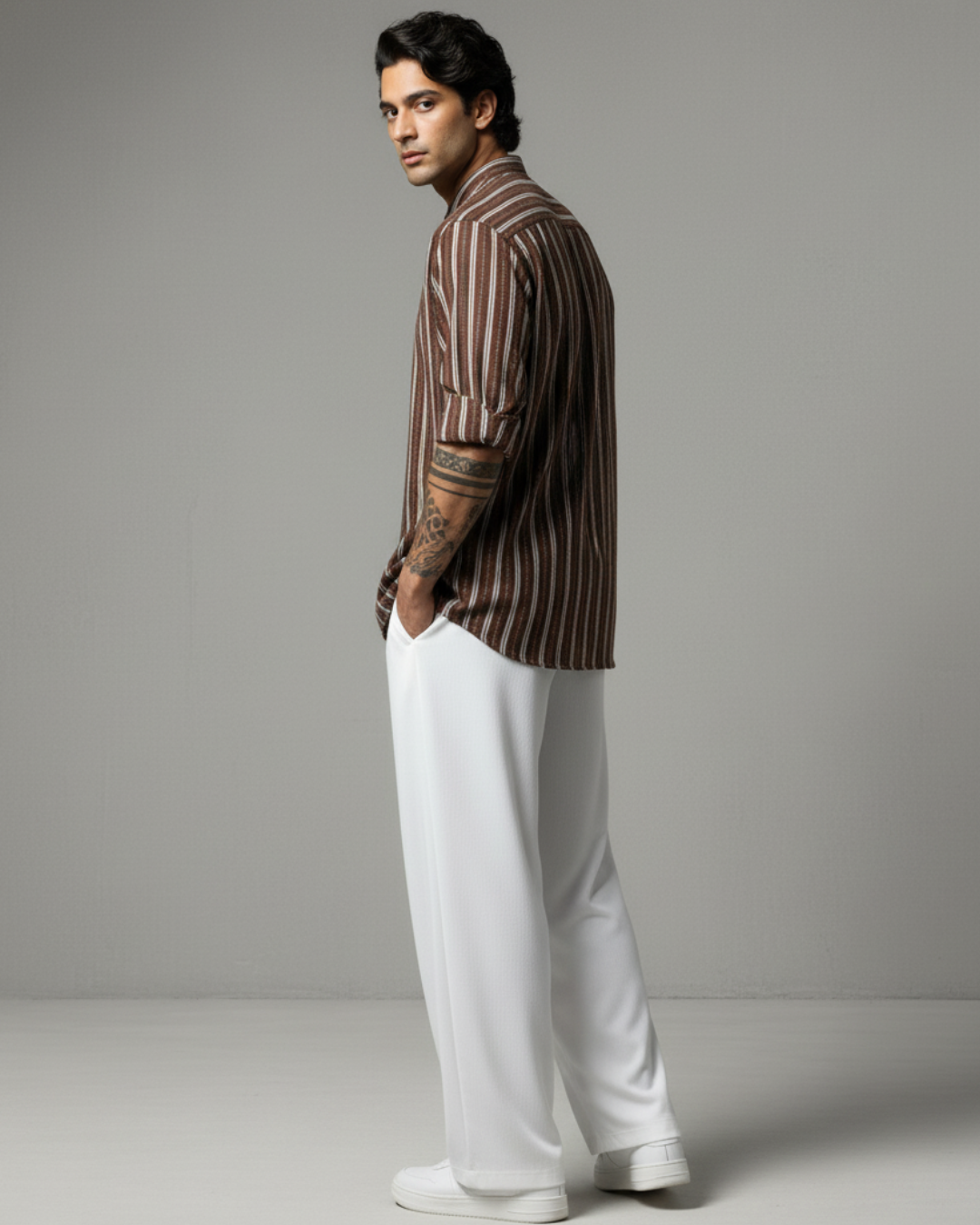 Men's Brown Striped Band Collar  Shirt