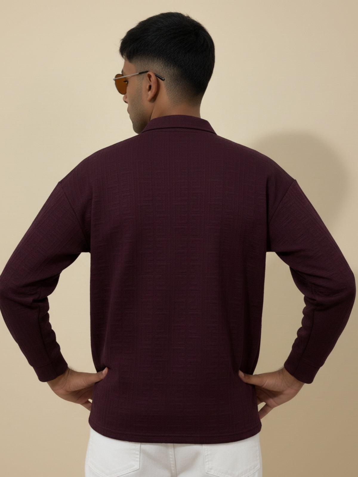 Plum Full Sleeve Zipper Polo: Maze