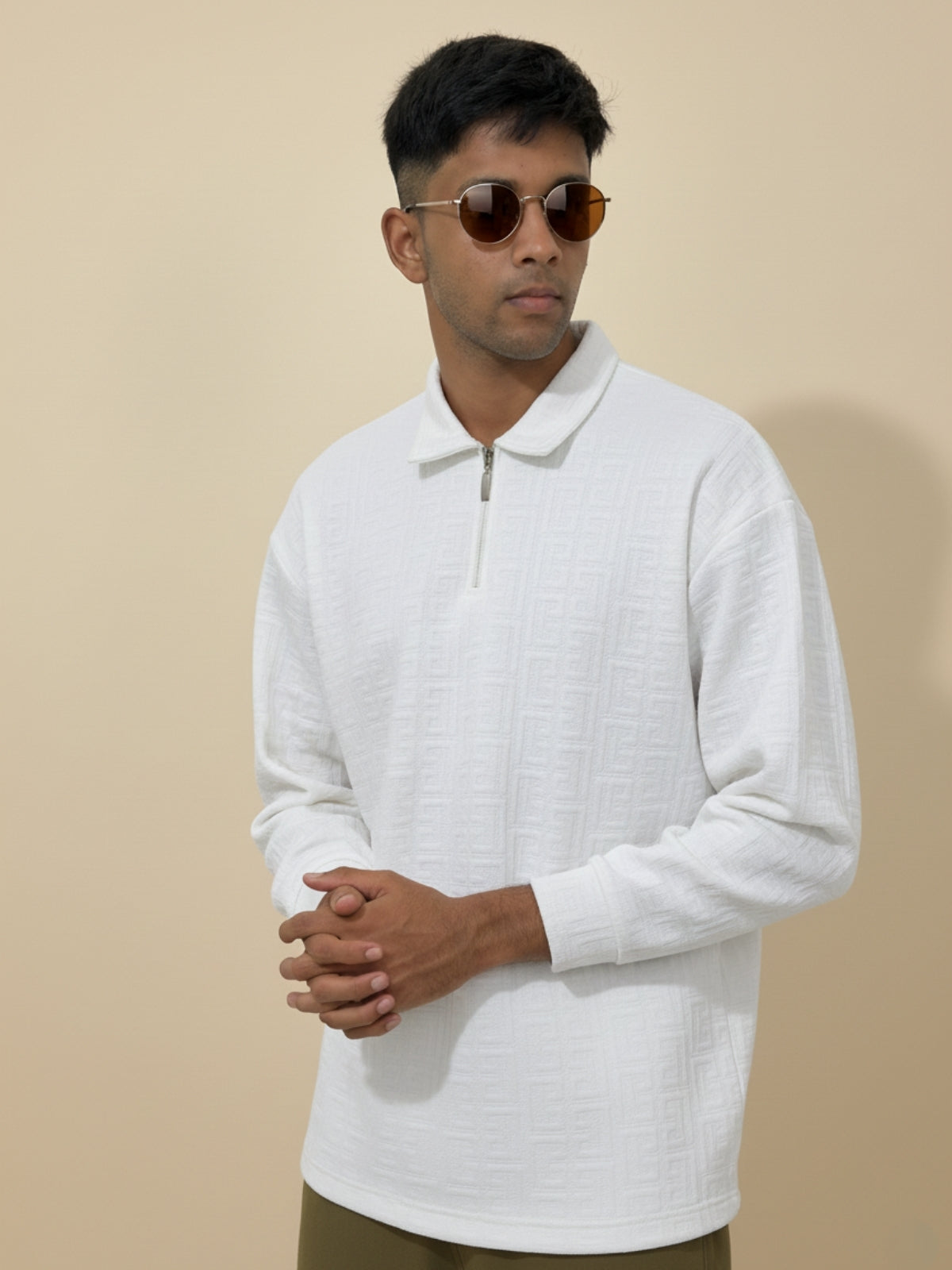 Full Sleeve Maze Zipper Polo: White