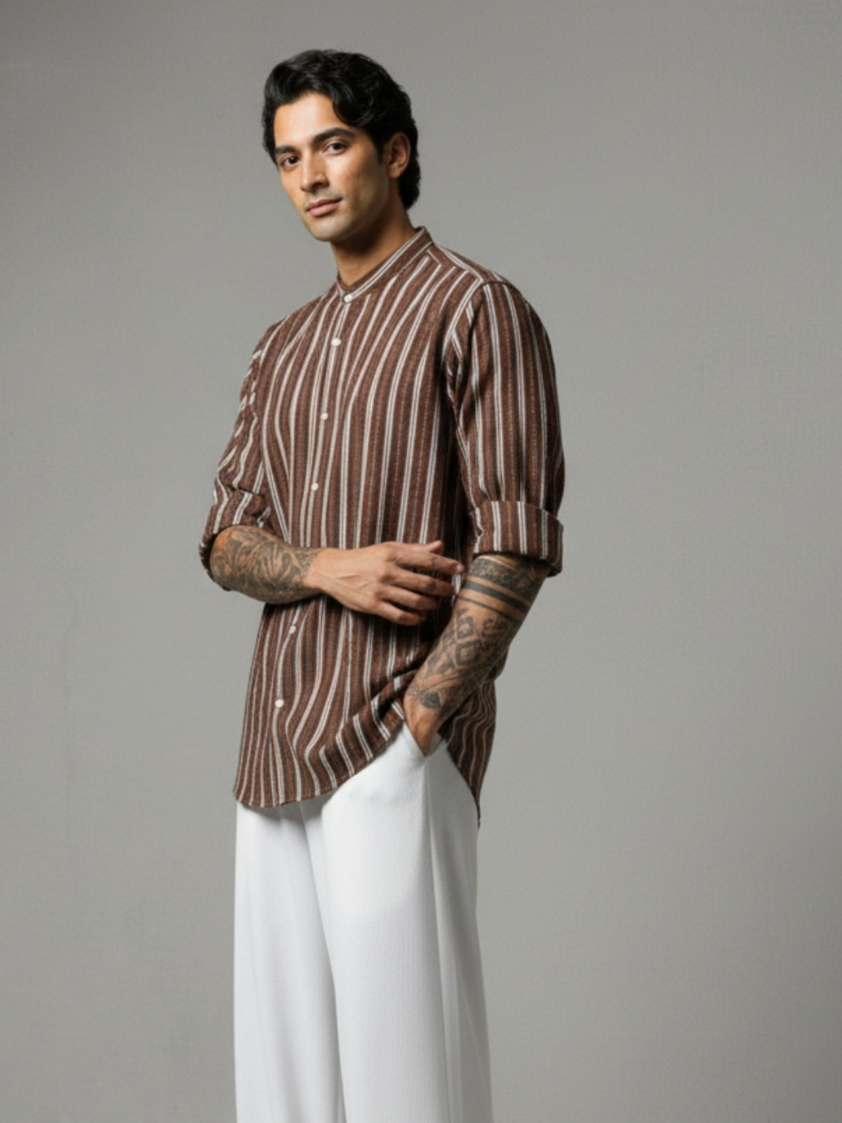 Men's Brown Striped Band Collar  Shirt