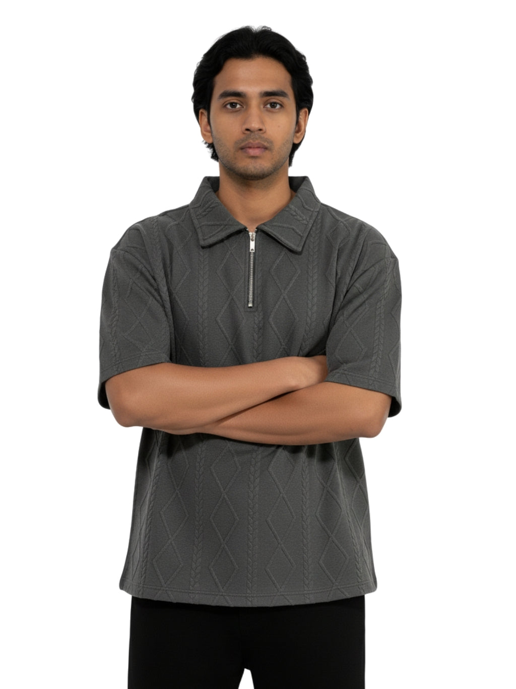 Charcoal Zipper Polo: Diamonds