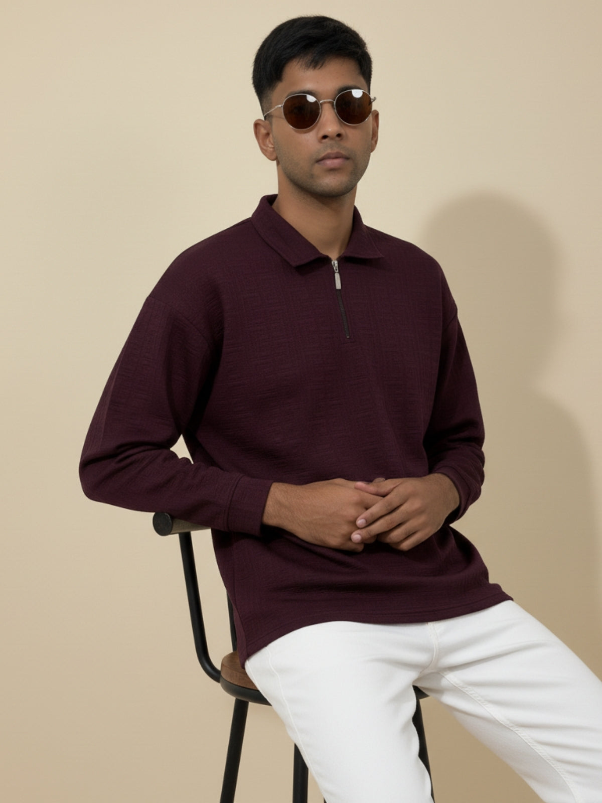 Plum Full Sleeve Zipper Polo: Maze