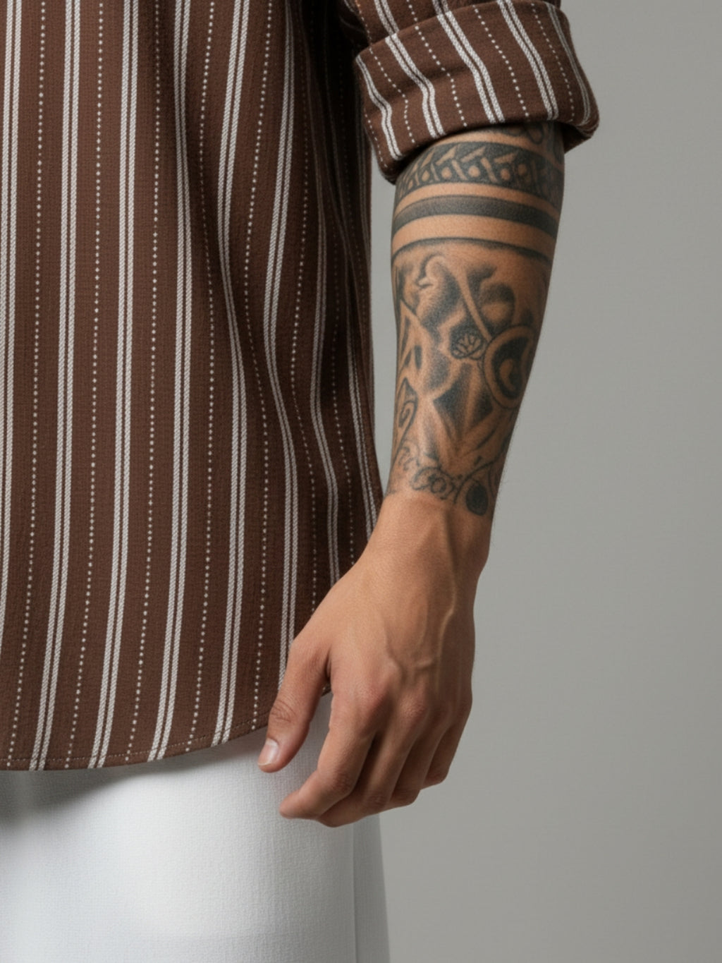 Men's Brown Striped Band Collar  Shirt