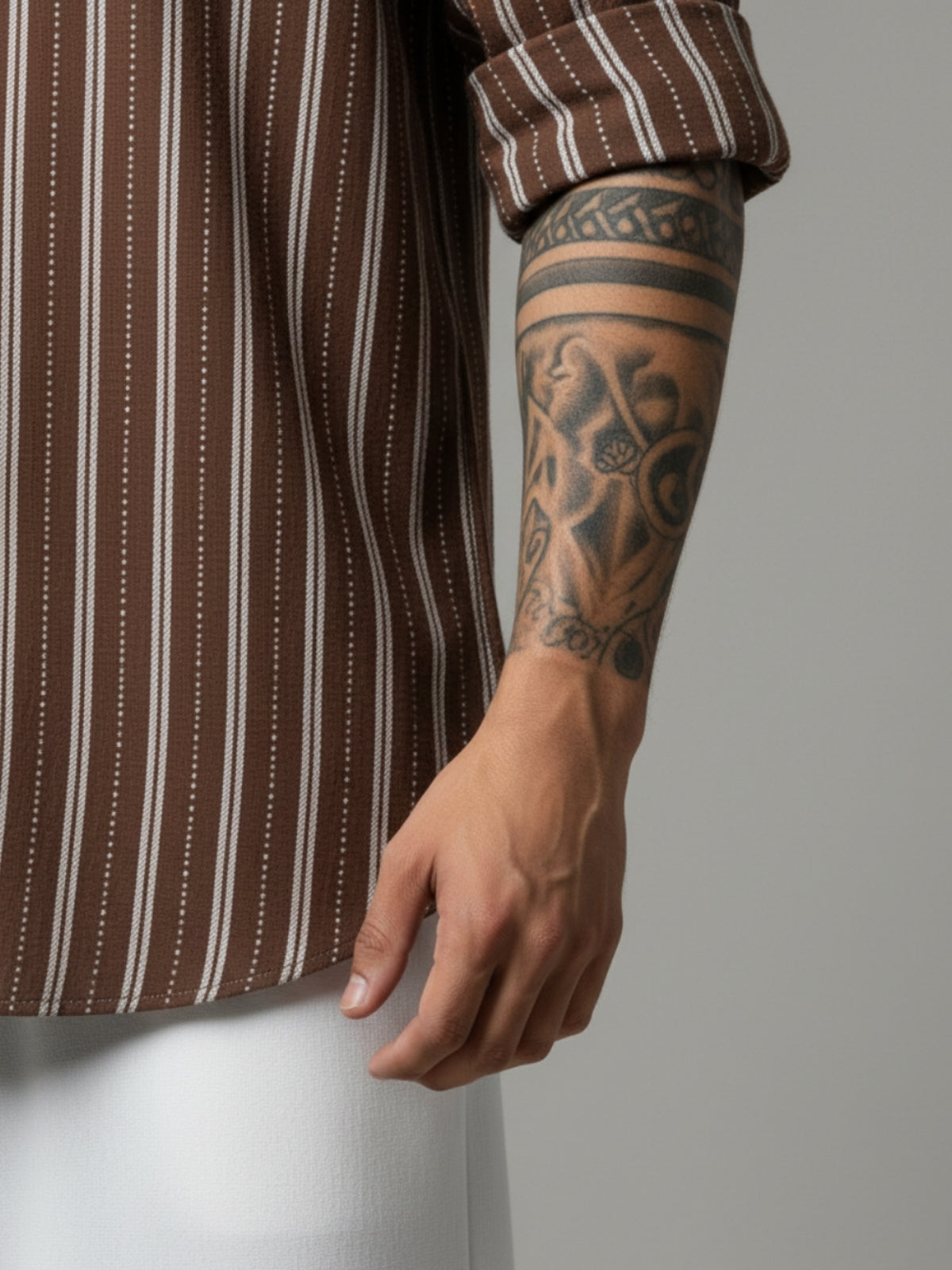 Men's Brown Striped Band Collar  Shirt