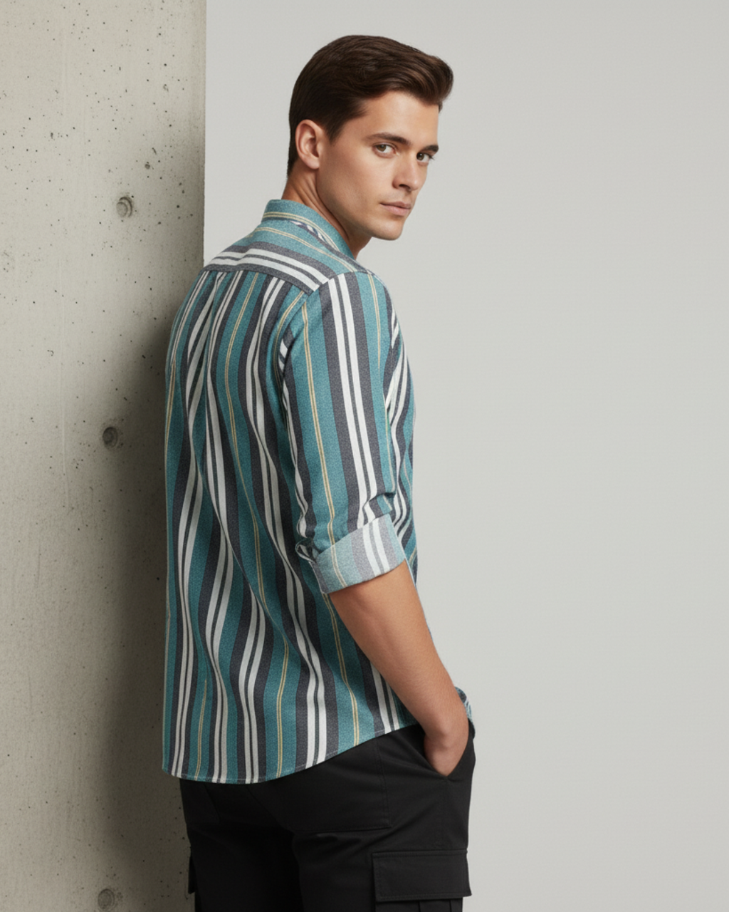 Men's Vertical Stripe Band Collar Shirt
