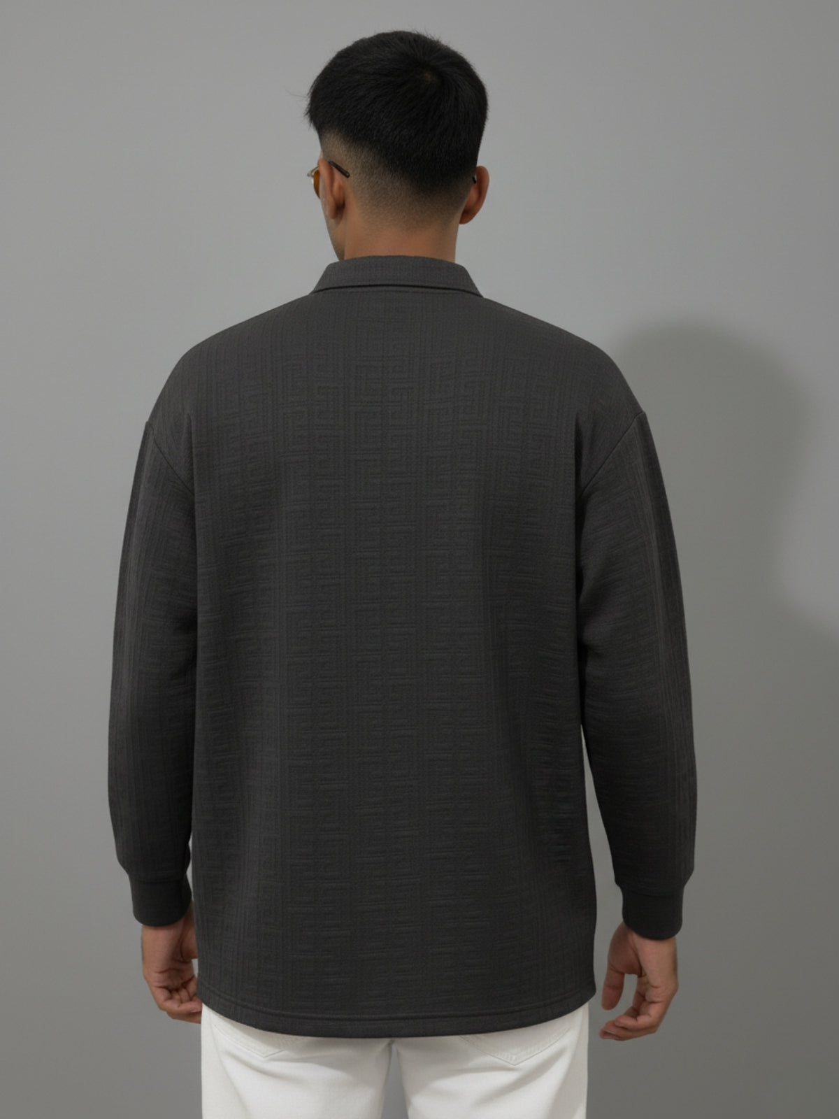 Charcoal Full sleeve Zipper Polo: Maze