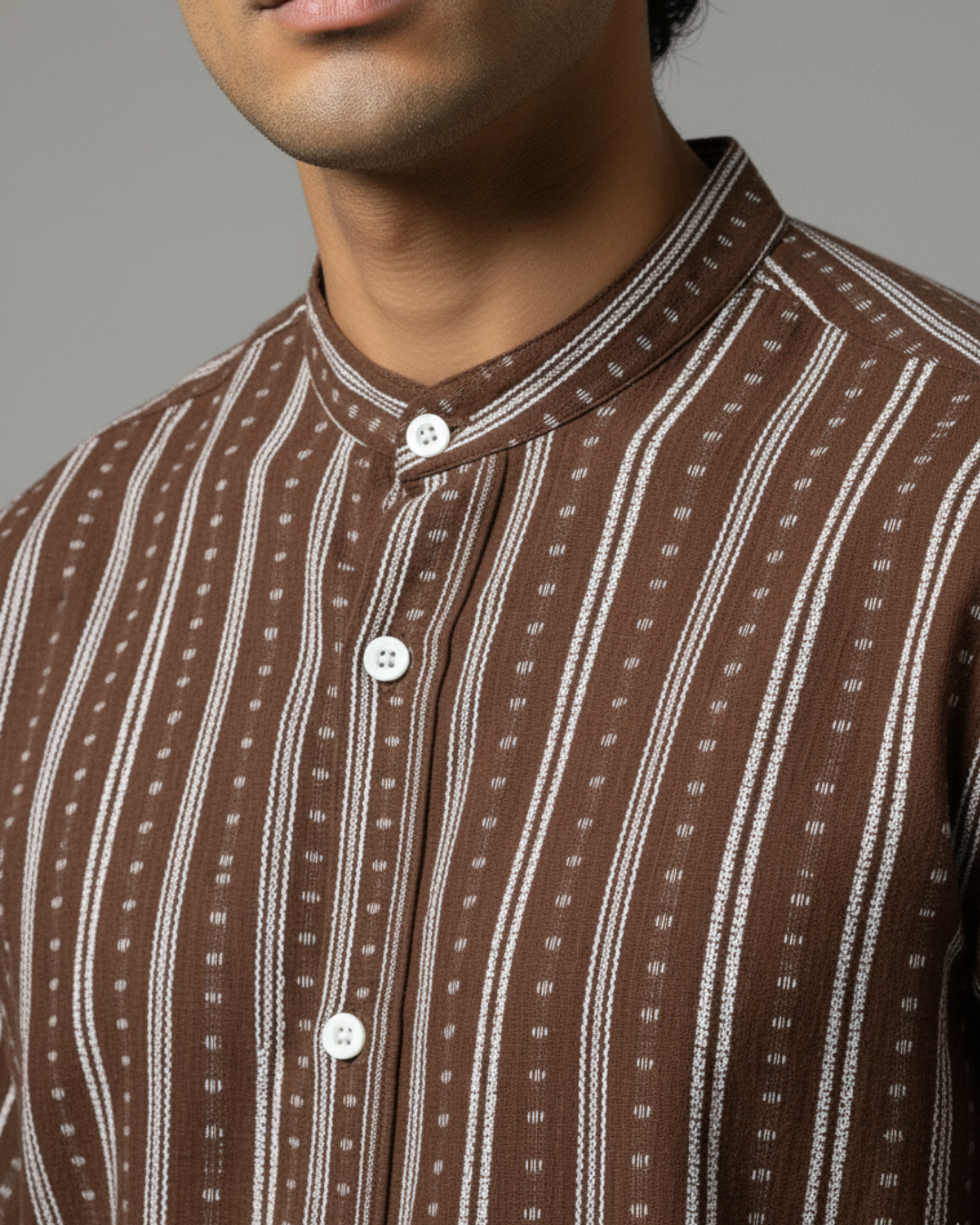 Men's Brown Striped Band Collar  Shirt
