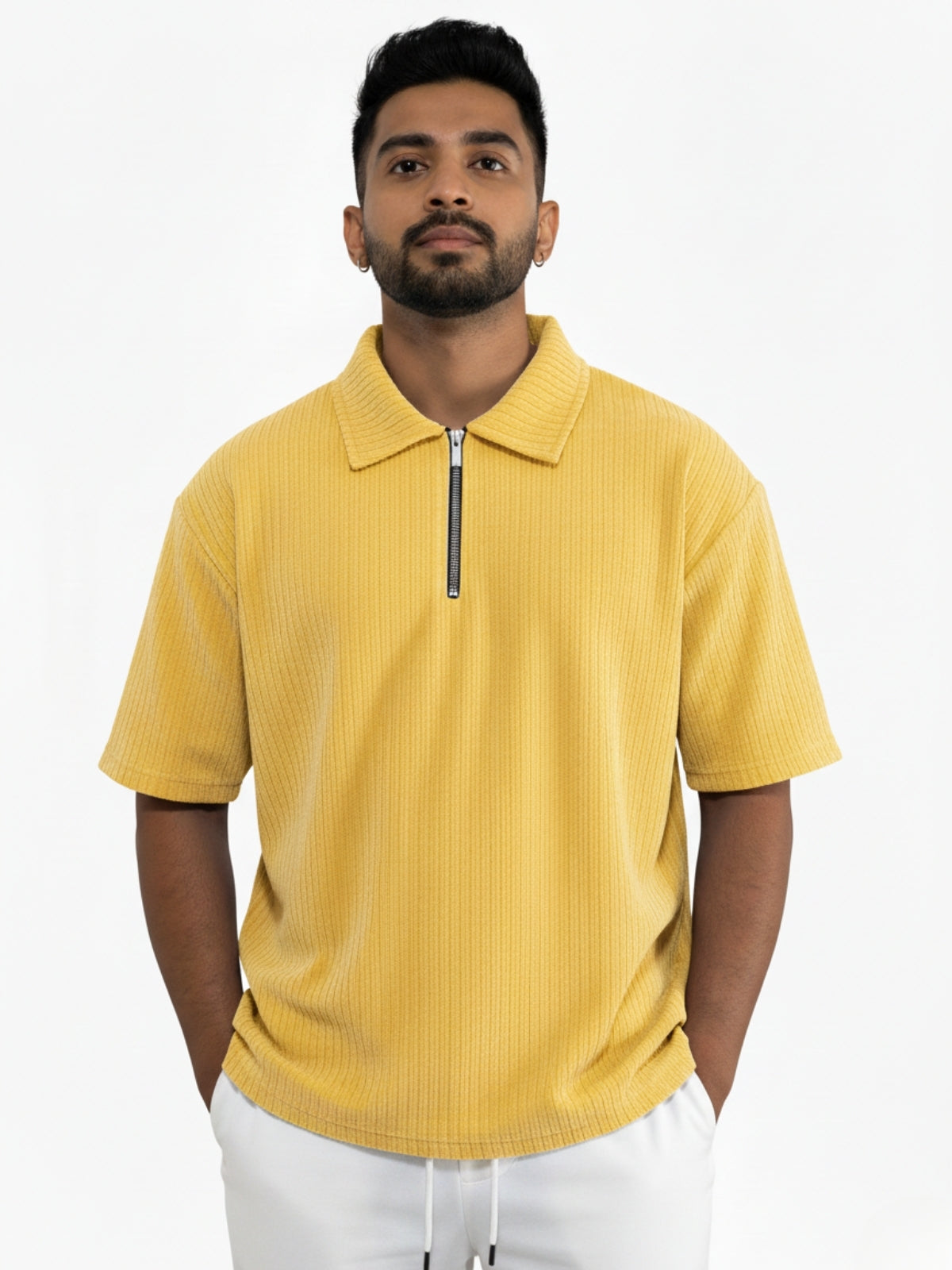 Mustard Zipper Polo: Ribbed