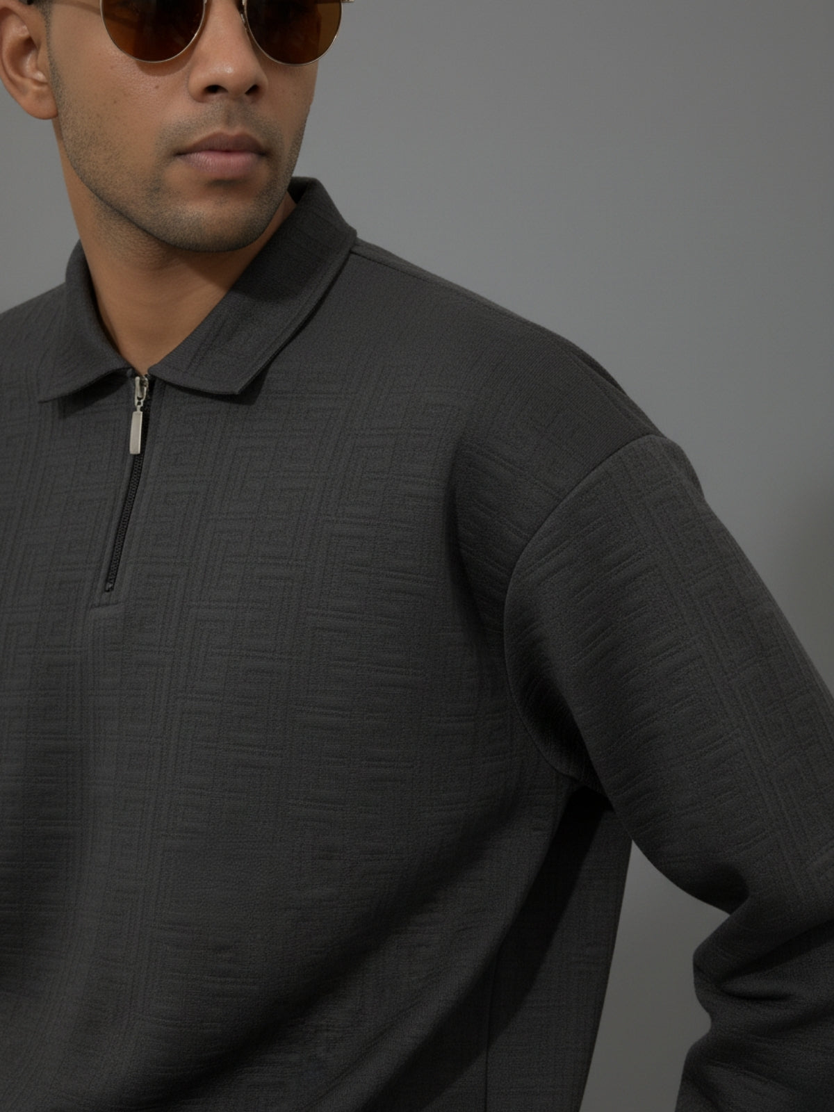 Charcoal Full sleeve Zipper Polo: Maze