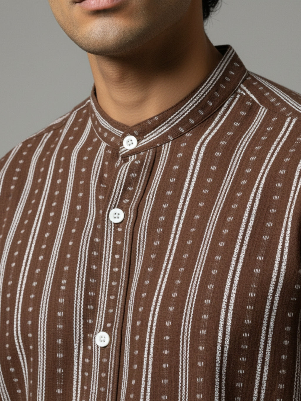 Men's Brown Striped Band Collar  Shirt