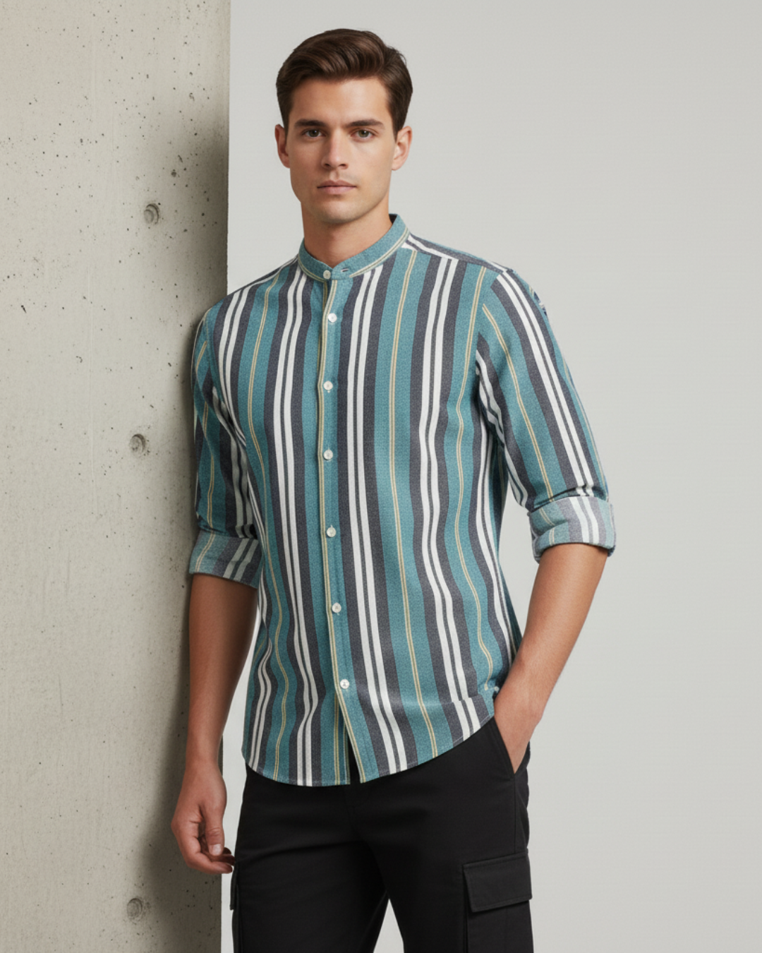 Men's Vertical Stripe Band Collar Shirt