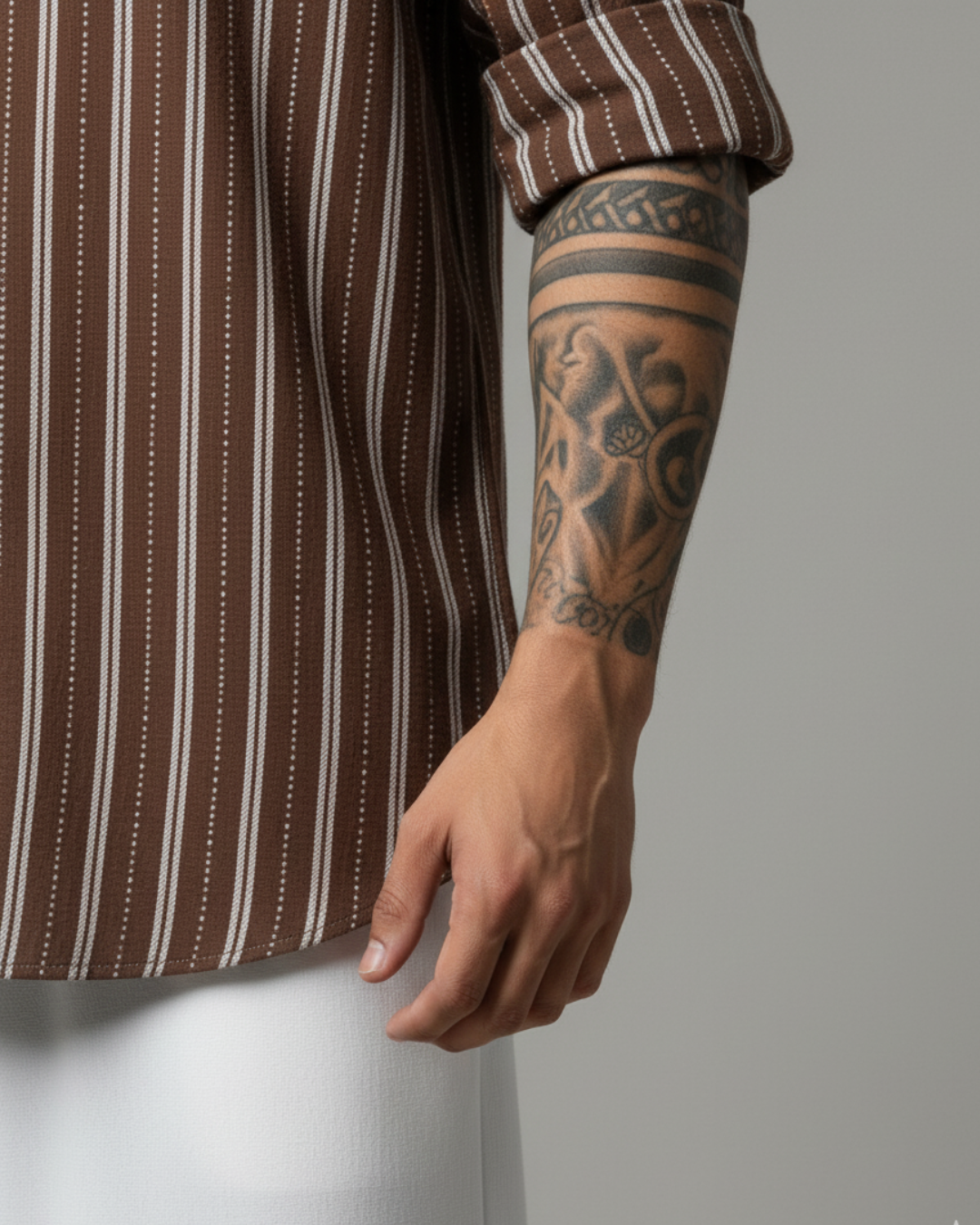 Men's Brown Striped Band Collar  Shirt