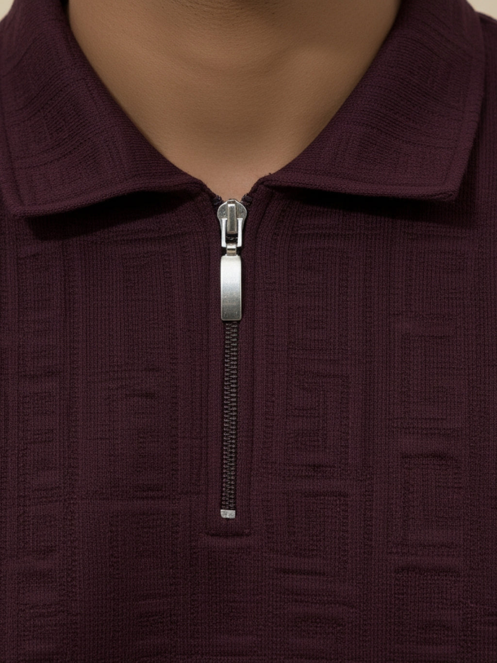 Plum Full Sleeve Zipper Polo: Maze