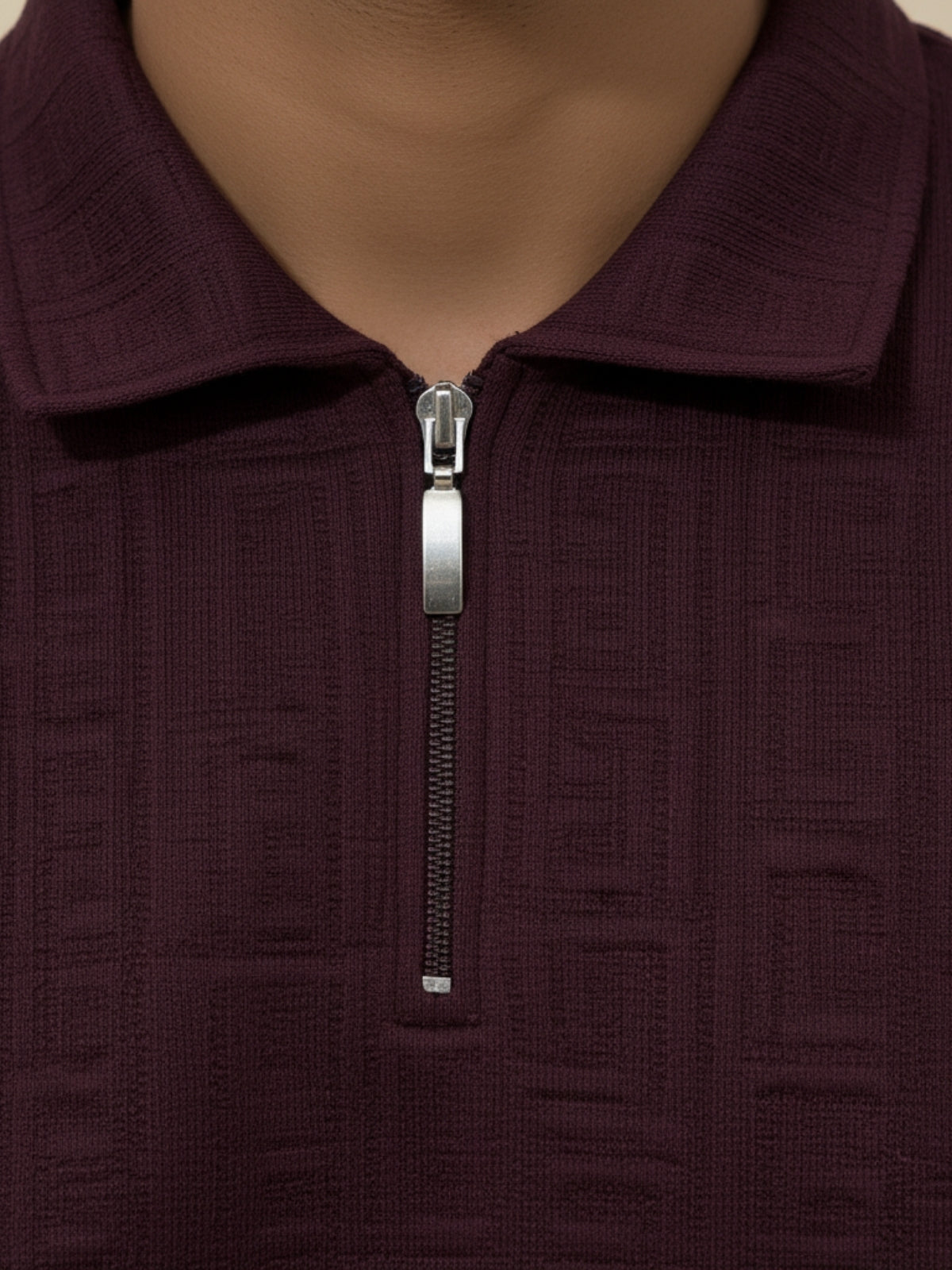 Plum Full Sleeve Zipper Polo: Maze