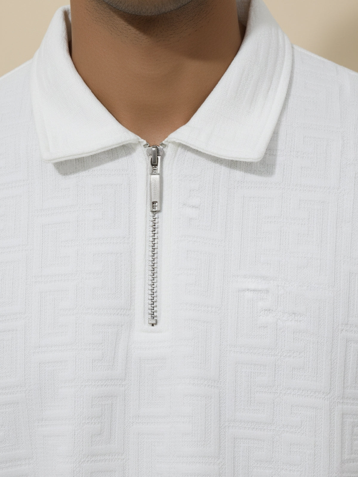 Full Sleeve Maze Zipper Polo: White