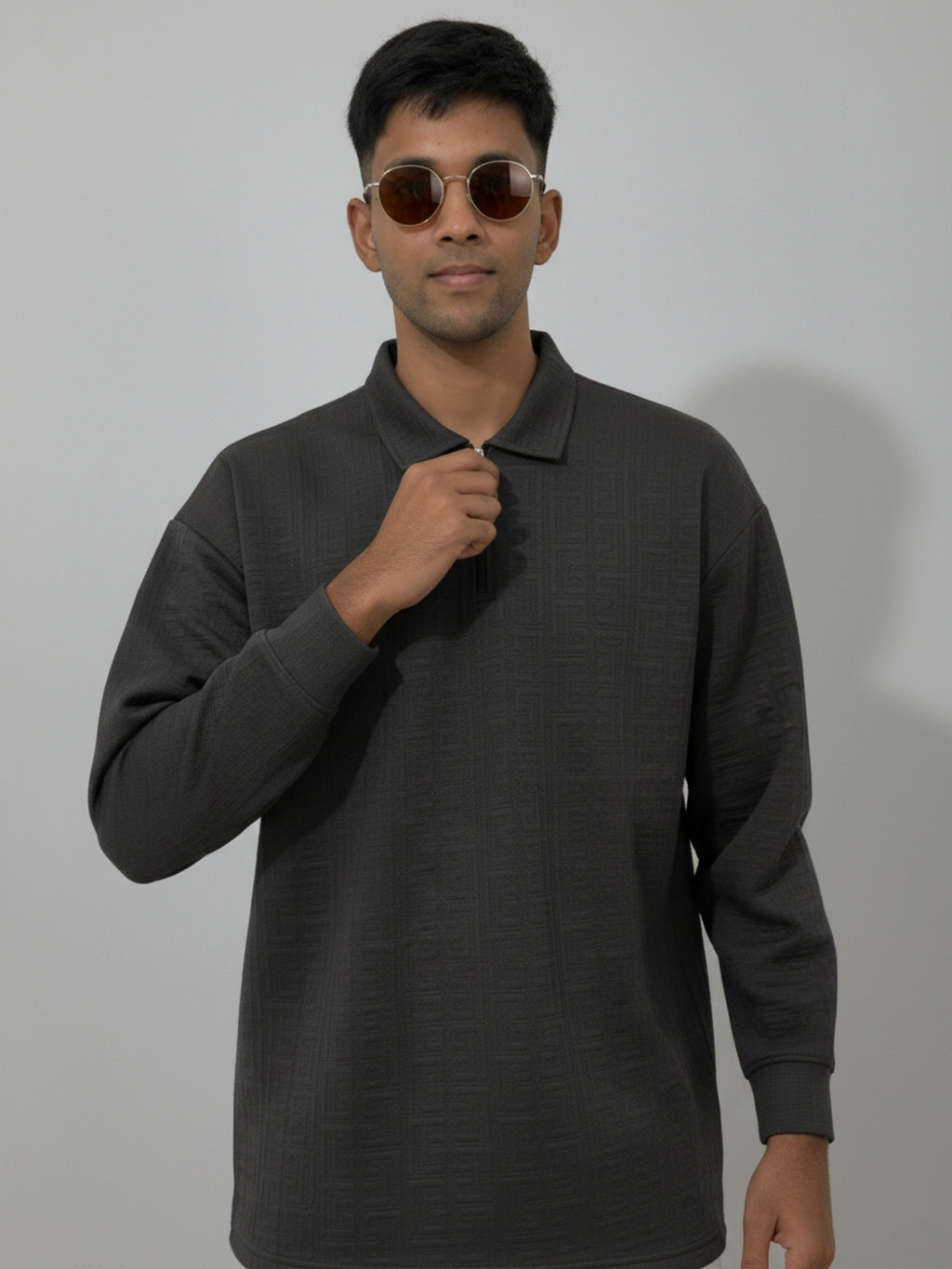Charcoal Full sleeve Zipper Polo: Maze