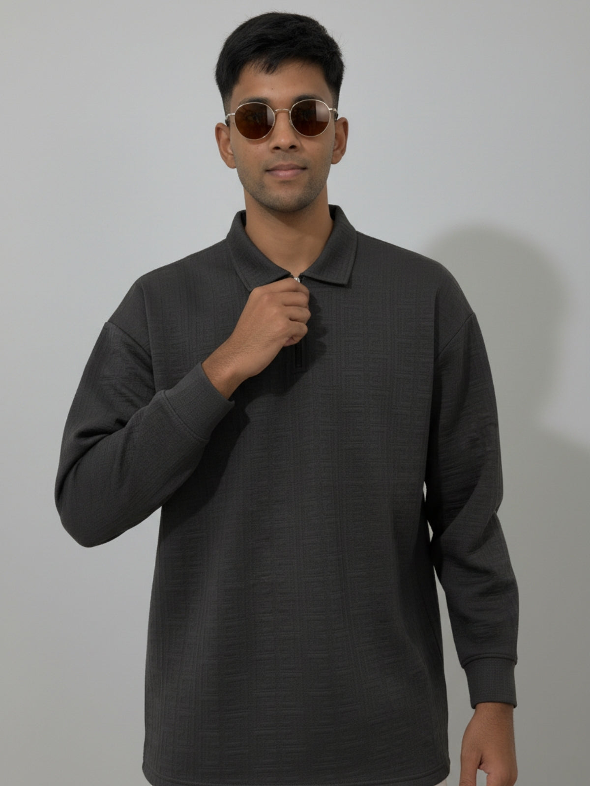 Charcoal Full sleeve Zipper Polo: Maze