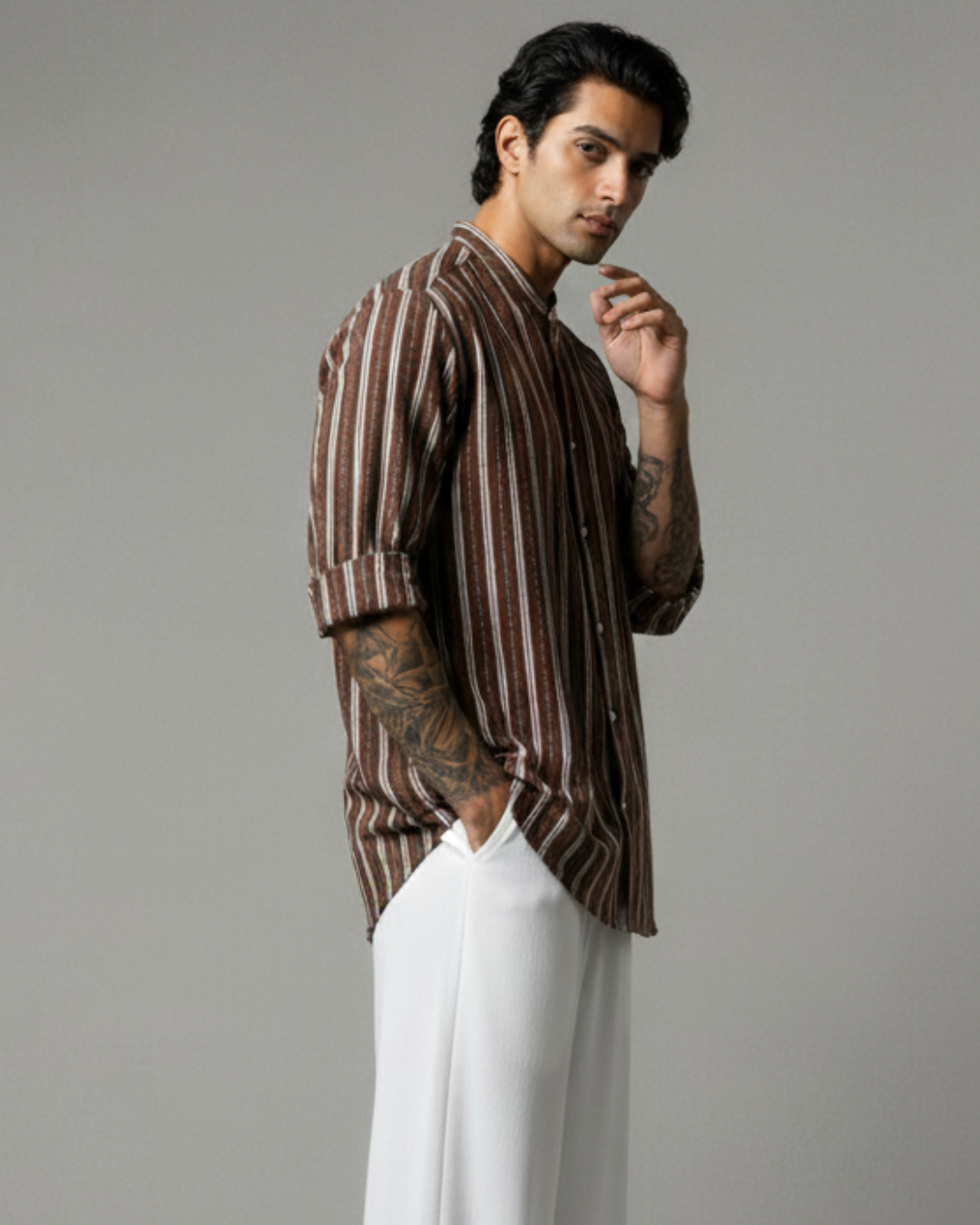 Men's Brown Striped Band Collar  Shirt
