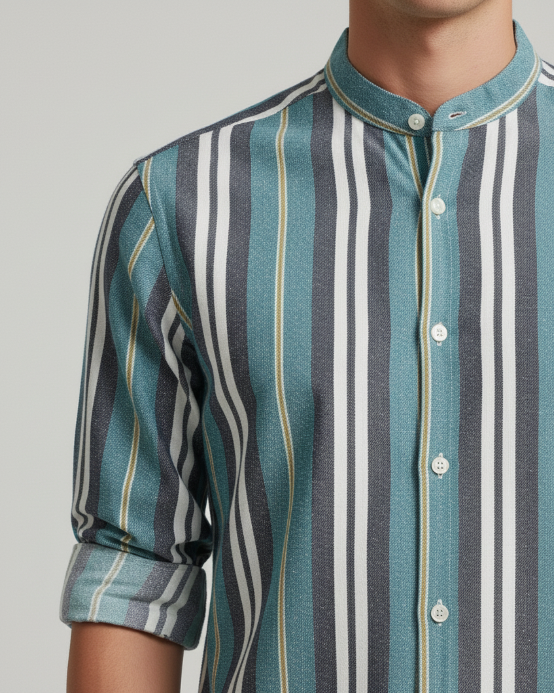 Men's Vertical Stripe Band Collar Shirt