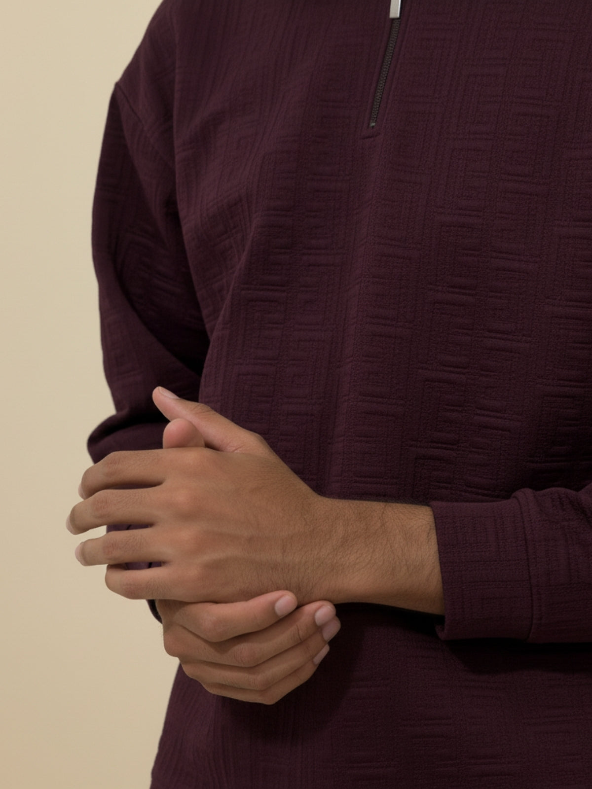 Plum Full Sleeve Zipper Polo: Maze