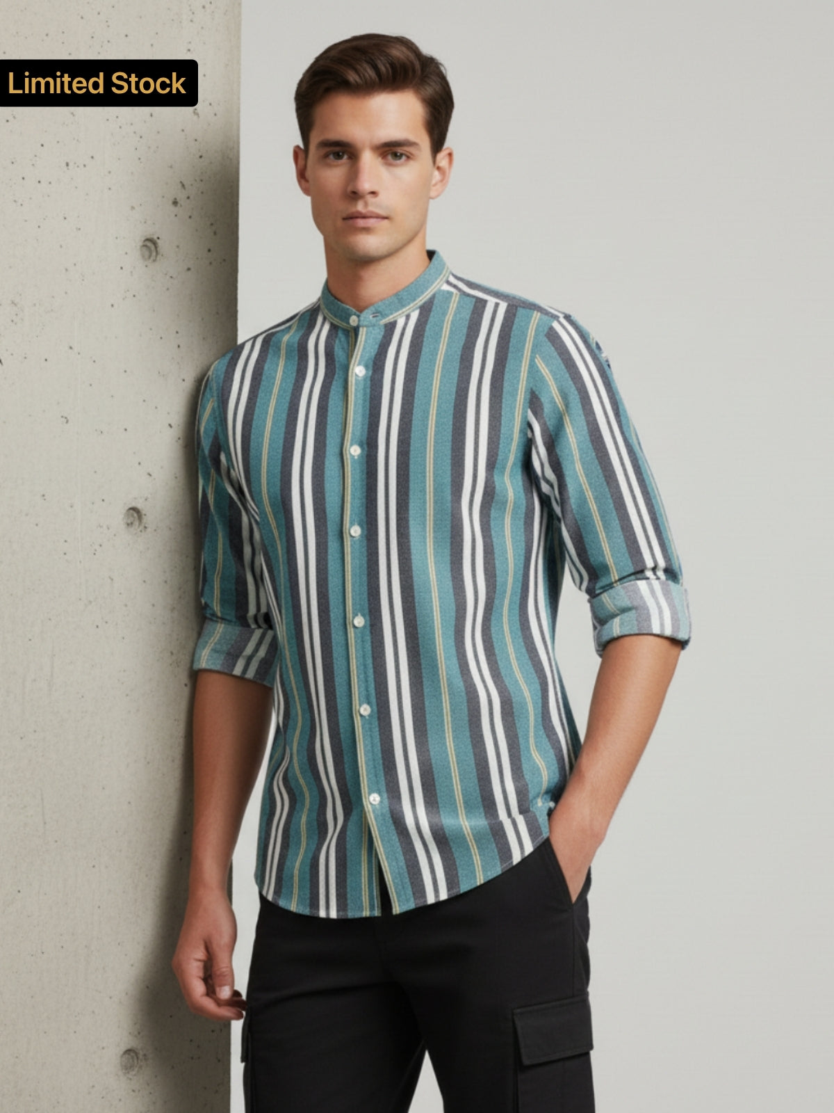 Men's Vertical Stripe Band Collar Shirt