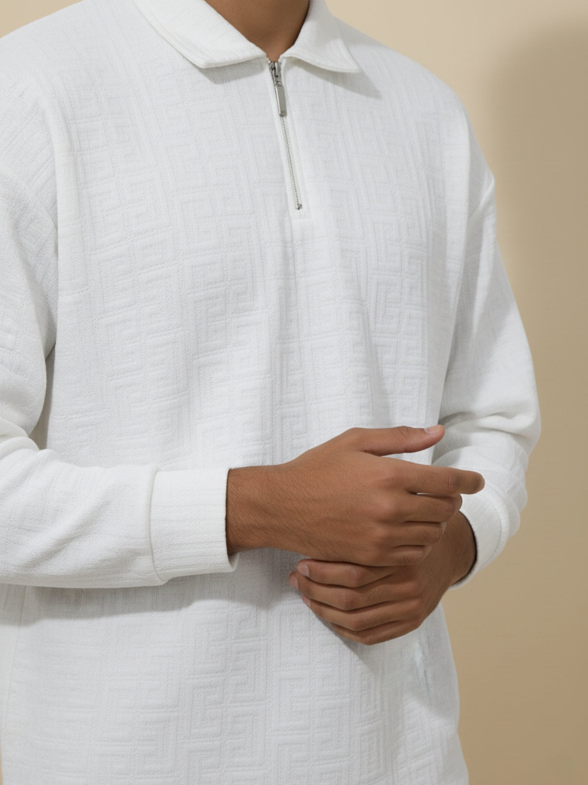 Full Sleeve Maze Zipper Polo: White