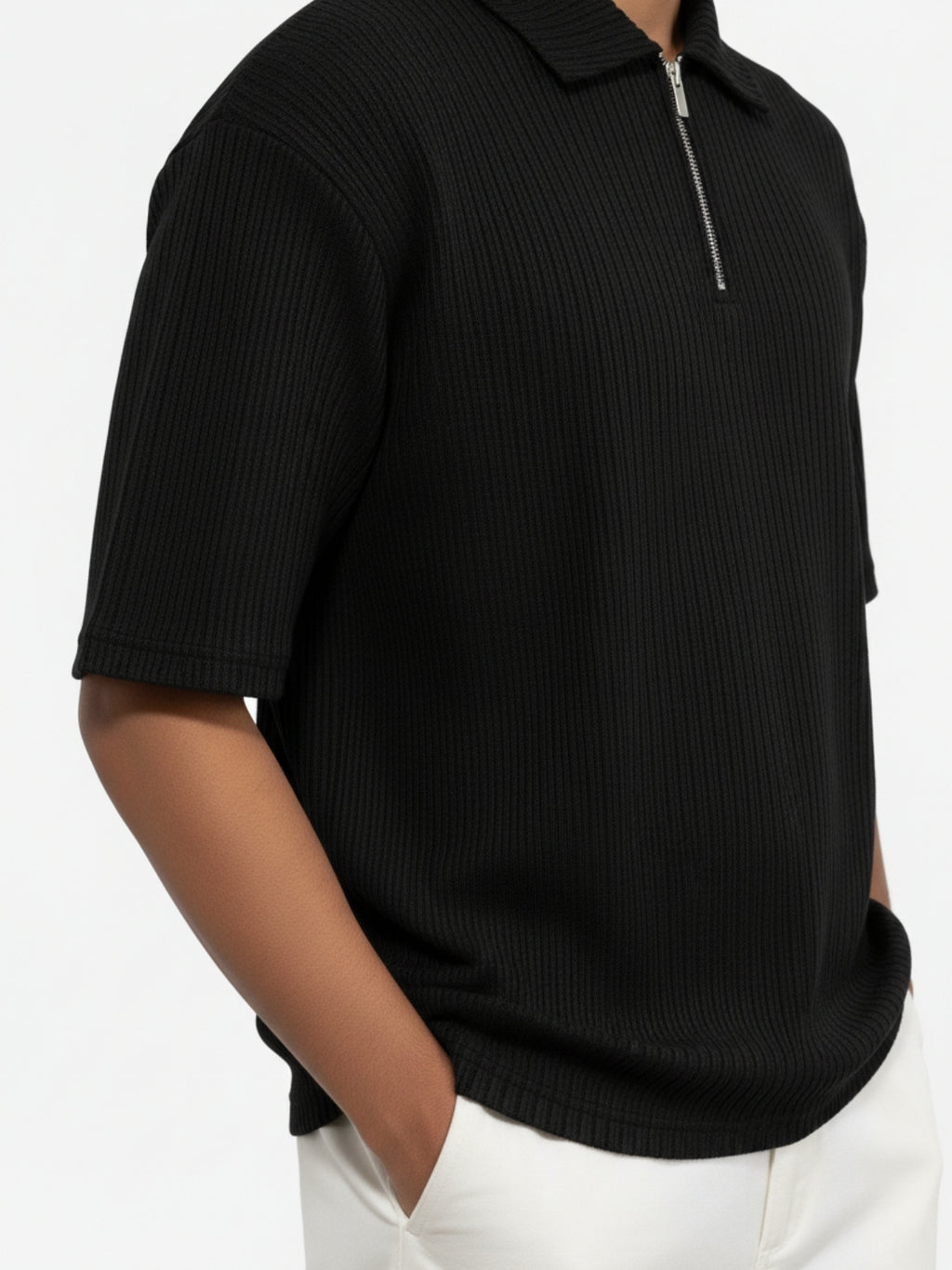 Black Zipper Polo: Ribbed