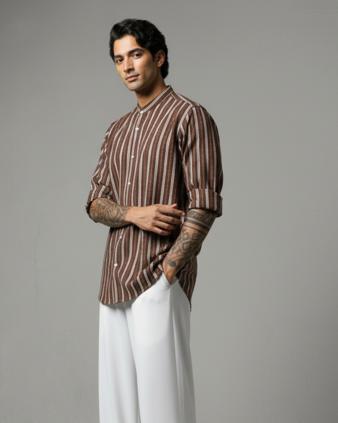 Men's Brown Striped Band Collar  Shirt