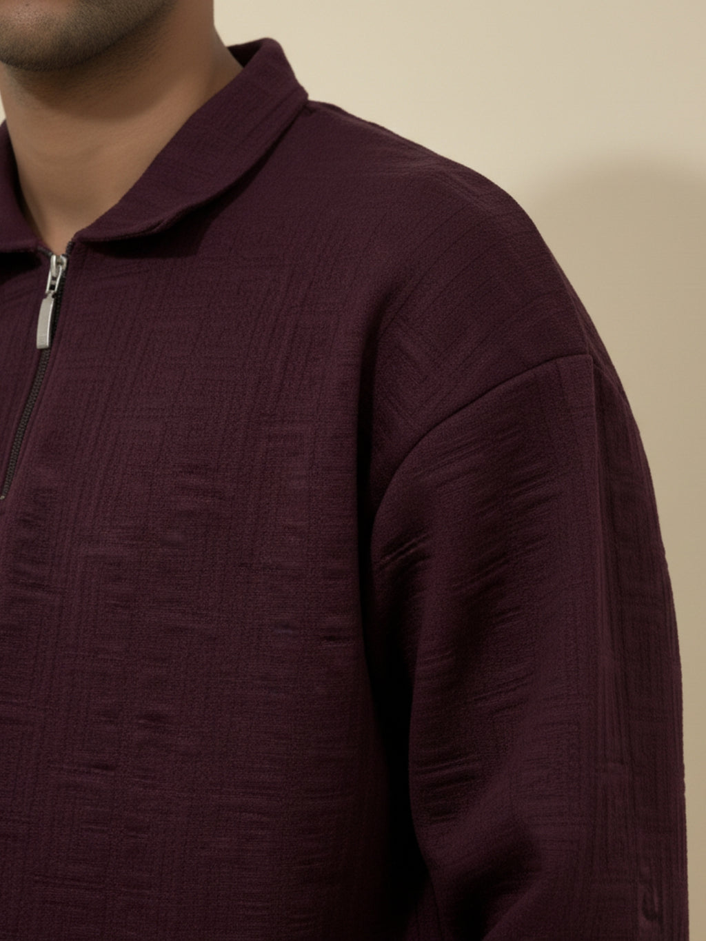 Plum Full Sleeve Zipper Polo: Maze