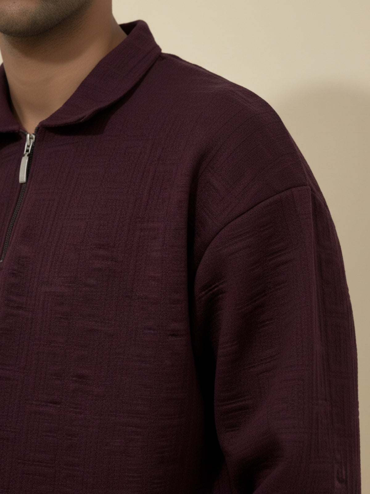 Plum Full Sleeve Zipper Polo: Maze