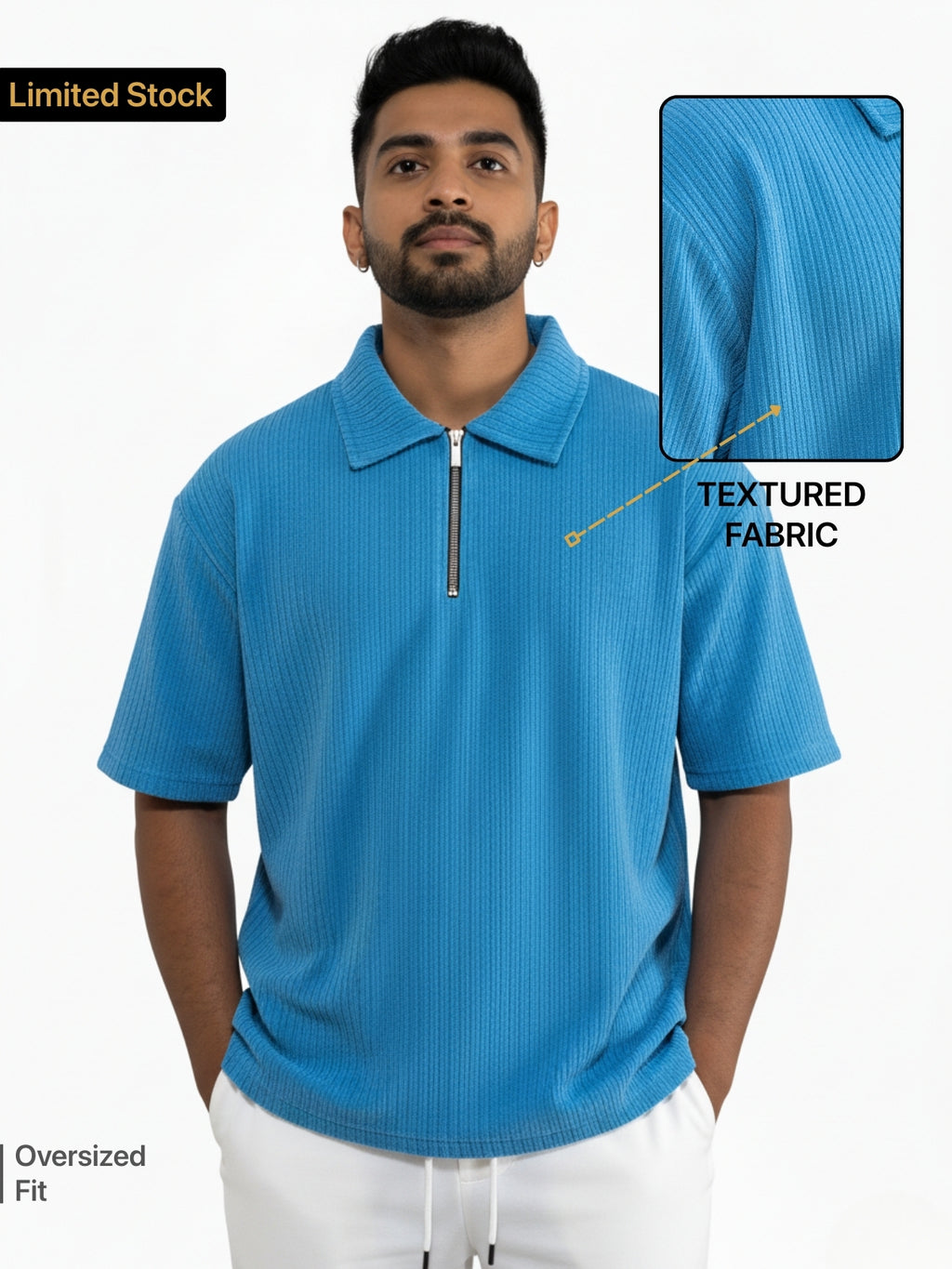 Ocean Blue Zipper Polo: Ribbed
