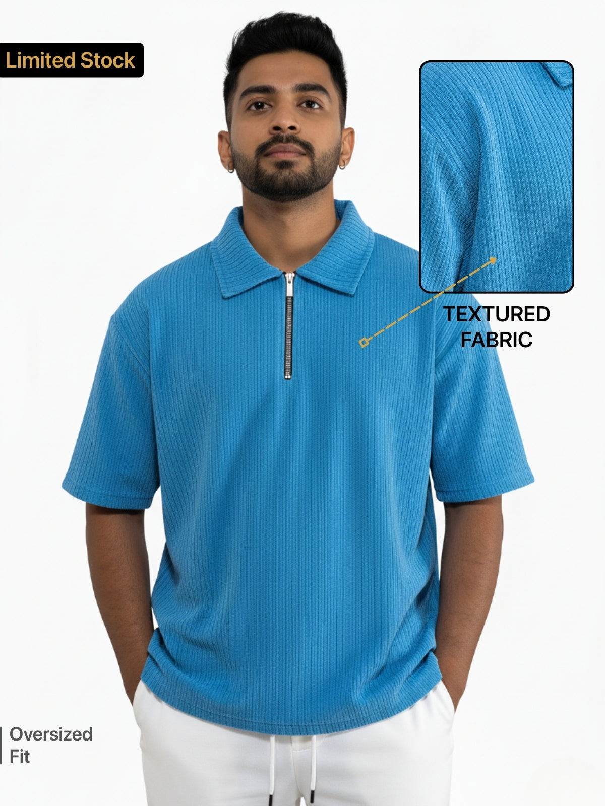 Ocean Blue Zipper Polo: Ribbed