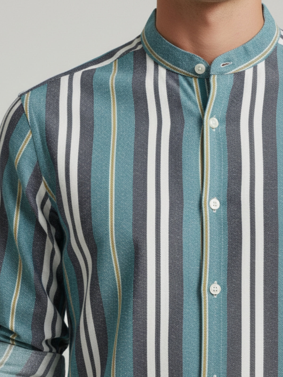 Men's Vertical Stripe Band Collar Shirt
