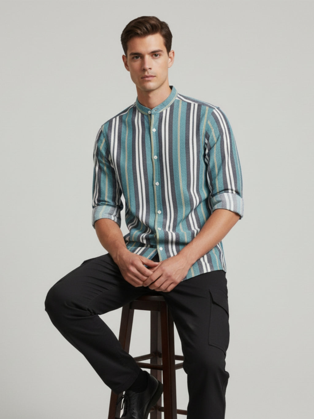 Men's Vertical Stripe Band Collar Shirt