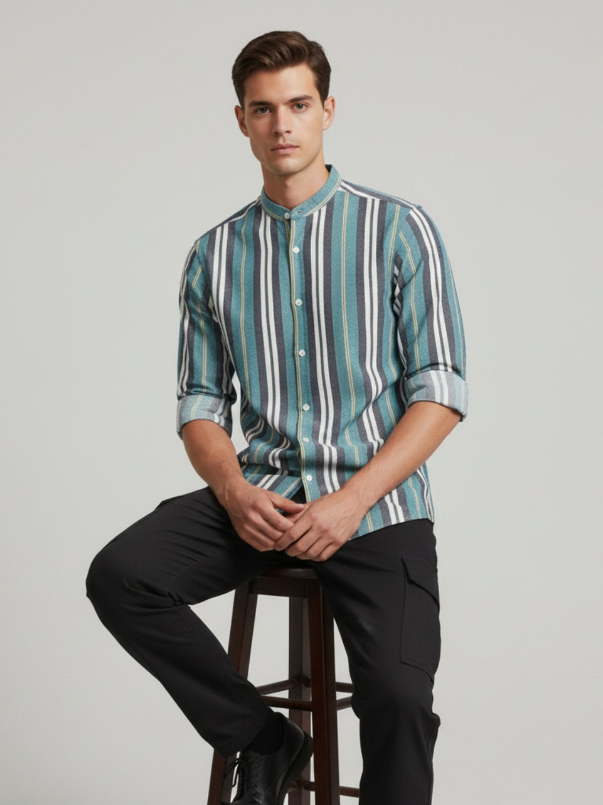 Men's Vertical Stripe Band Collar Shirt