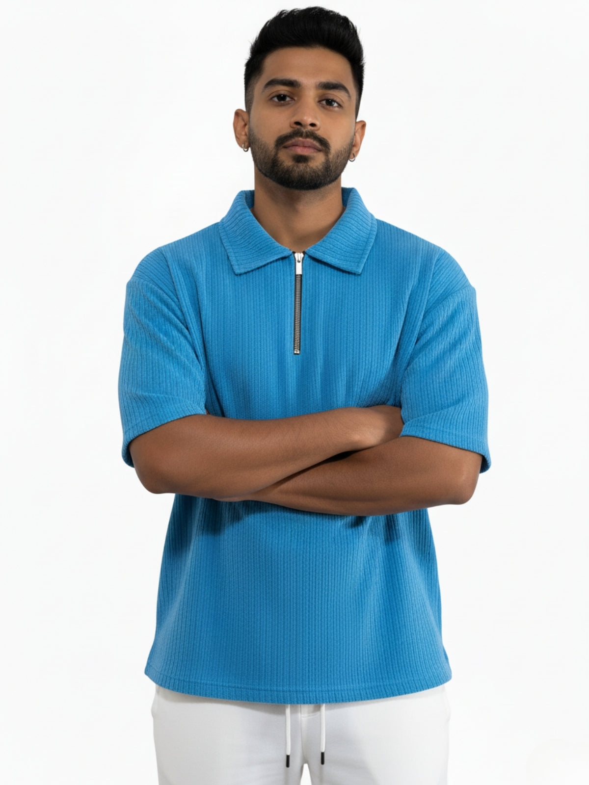 Ocean Blue Zipper Polo: Ribbed
