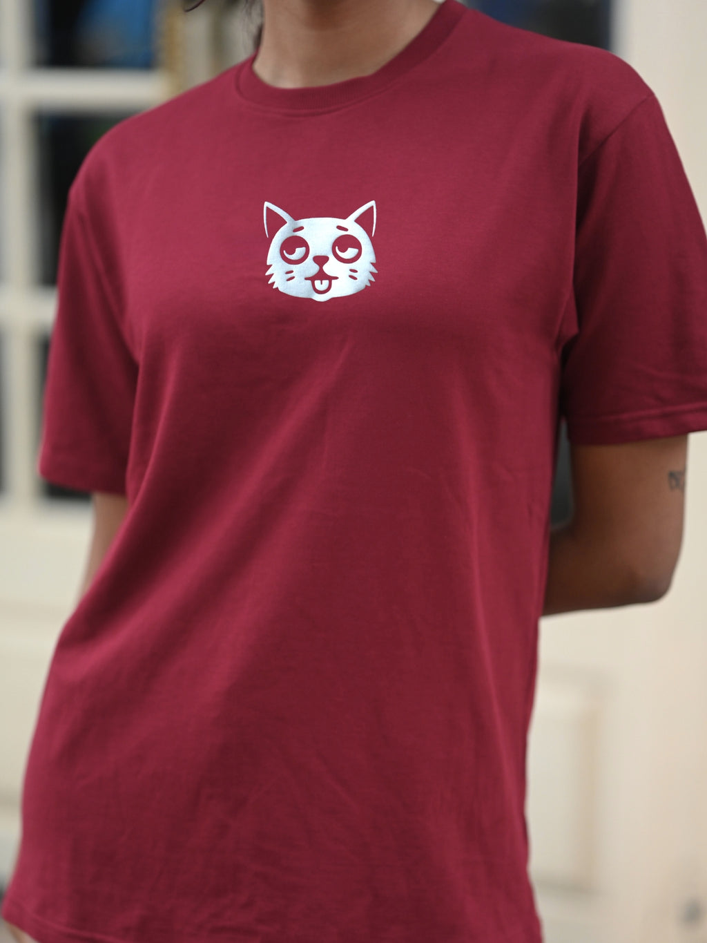 The Tipsy Cat Tee: Deep Maroon